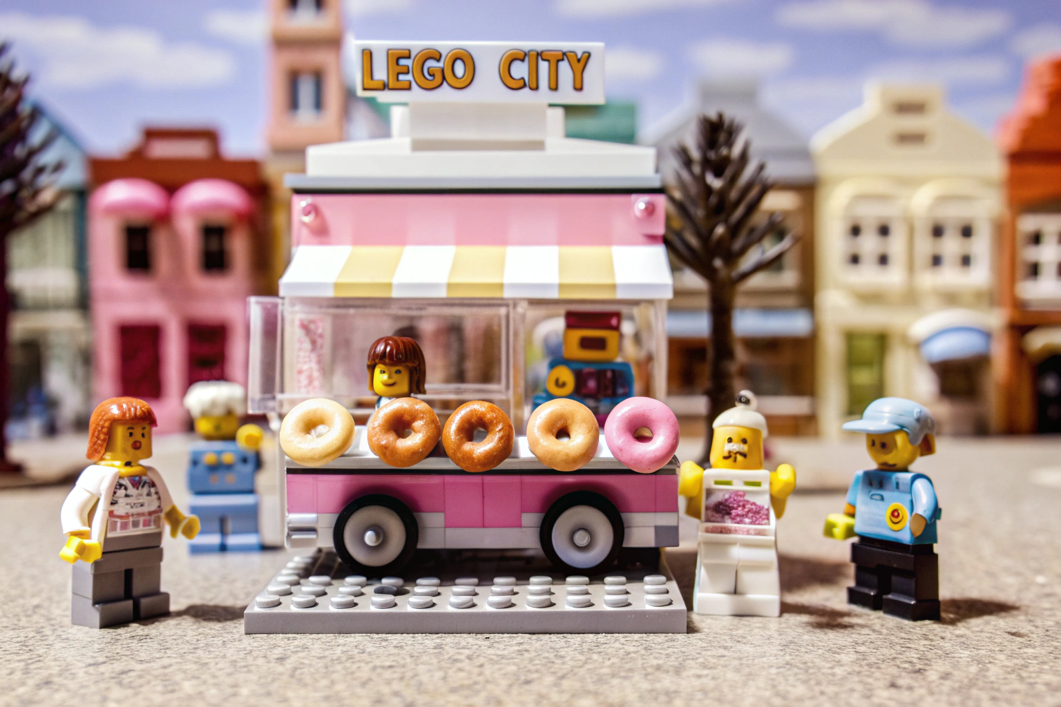 Ein LEGO City Donut Truck, umgeben von Minifiguren, die Donuts und Kaffee genießen. LEGO City Donut Truck Abenteuer