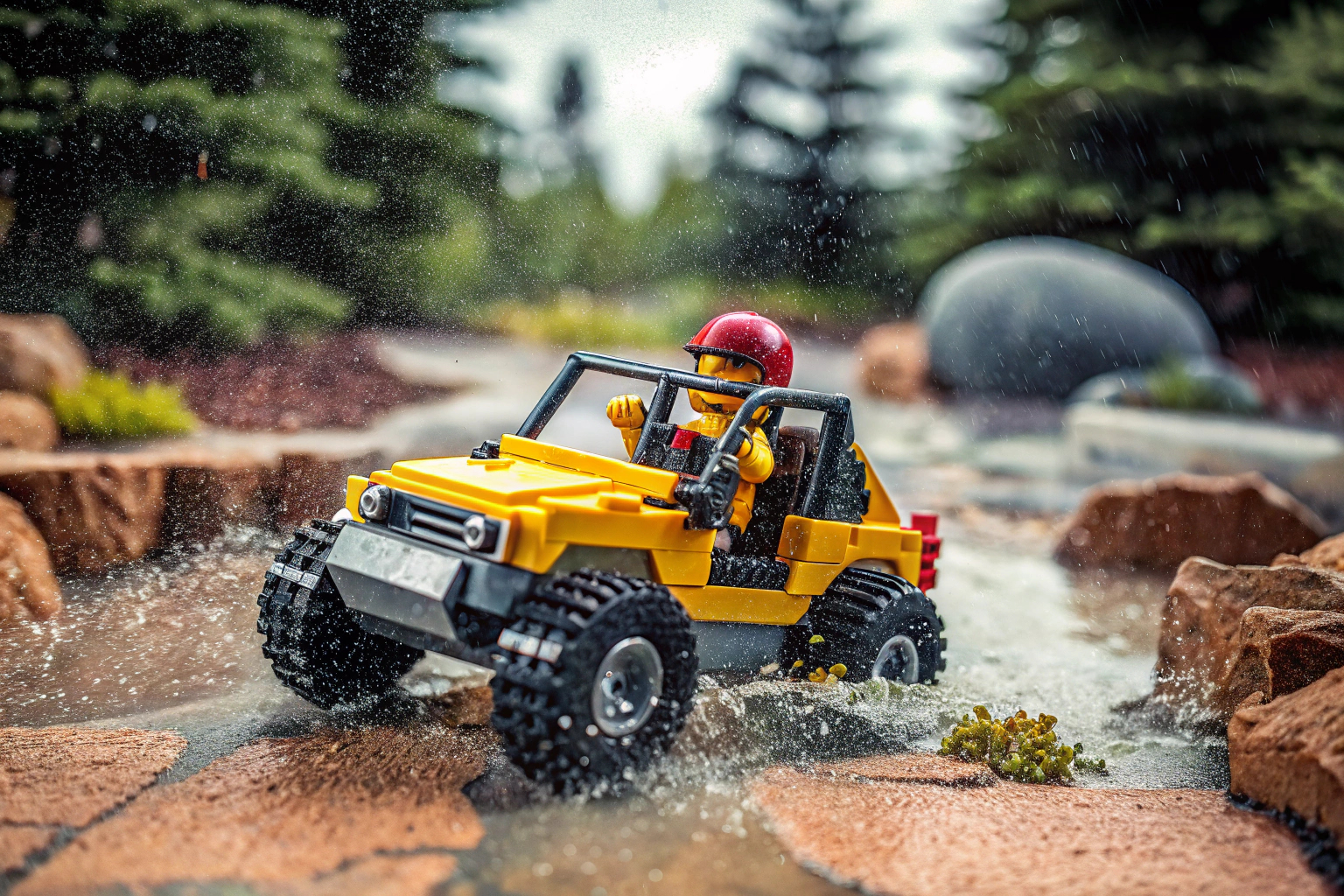 Ein LEGO City Offroad Geländewagen, der durch unwegsames Gelände fährt, mit Minifigur. LEGO City Offroad Geländewagen Abenteuer