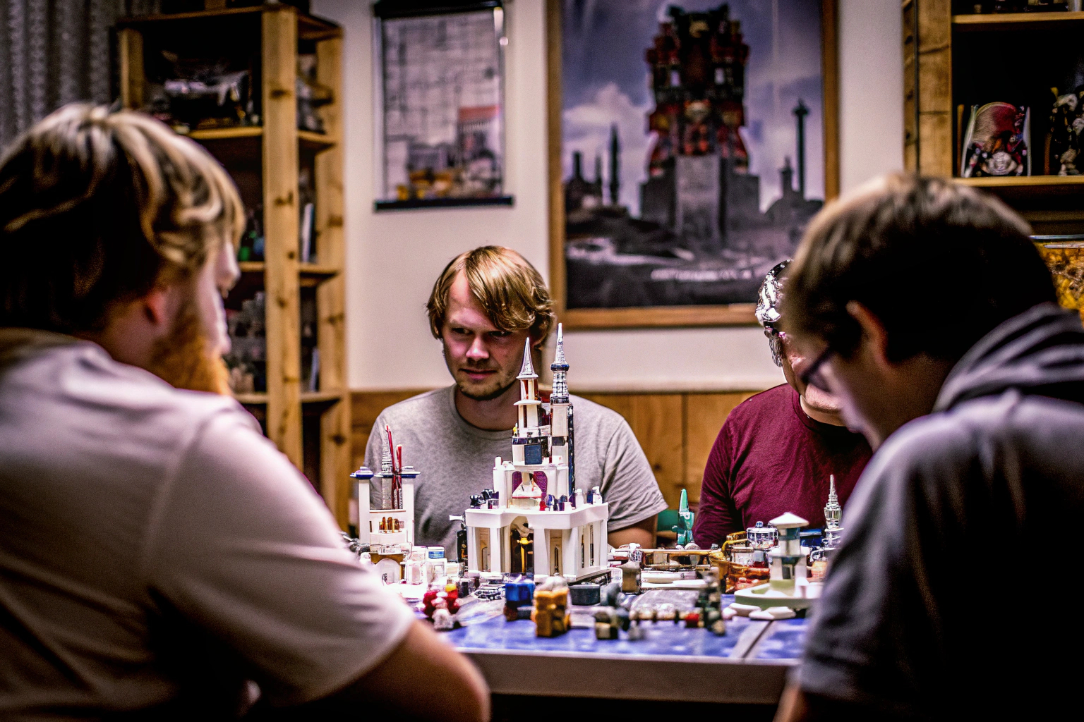 Ein LEGO-Fanclub bei einem Treffen, umgeben von verschiedenen LEGO-Sets LEGO Fanclub Treffen
