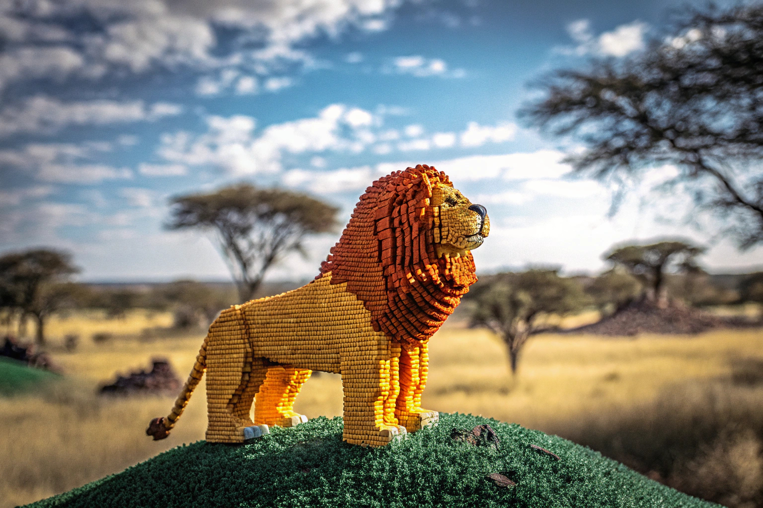 Ein LEGO-Löwe in einer Savannenlandschaft. LEGO-Löwe in Savanne