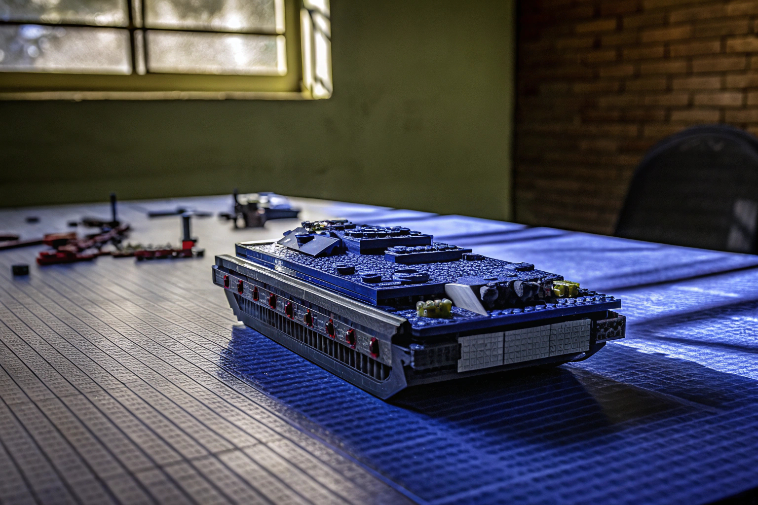 Ein LEGO Technic Modell in voller Pracht auf einem Tisch ausgestellt. LEGO Technic Modell ausgestellt