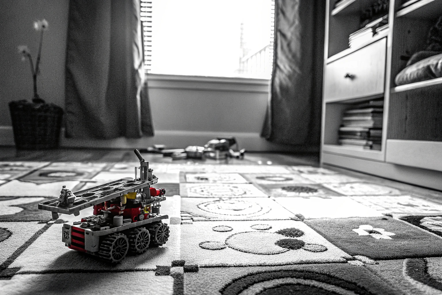 Ein LEGO-Technik-Set, das in einem Kinderzimmer aufgebaut ist, und zeigt, wie es die Kreativität anregt. LEGO-Technik-Set im Kinderzimmer