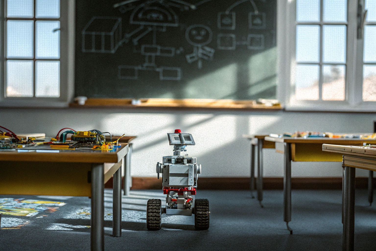 Ein Lehrer, der Schülern in einem Klassenzimmer erklärt, wie man einen Lego Mindstorms Roboter programmiert. Lehrer erklärt Lego Mindstorms im Klassenzimmer