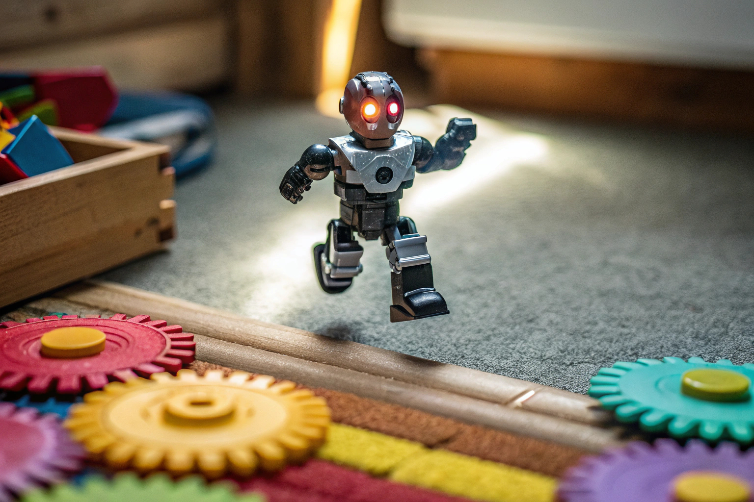 Ein leuchtender Roboter mit LED-Augen in Aktion. Leuchtender Roboter