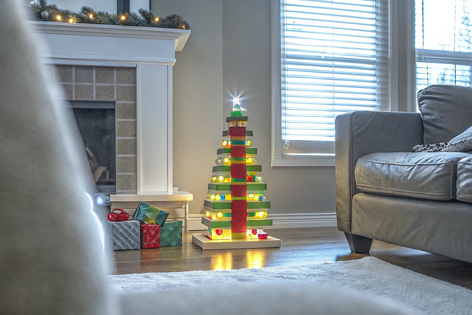 Ein liebevoll dekorierter LEGO Weihnachtsbaum im Wohnzimmer LEGO Weihnachtsbaum als Deko
