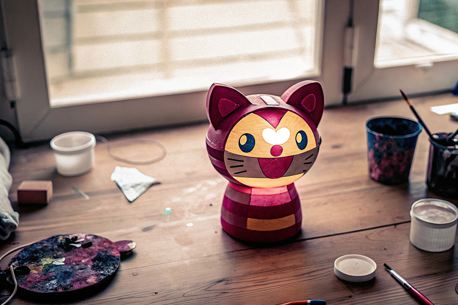 Ein Mädchen malt eine Katzenlampe mit bunten Farben, die von einem Bastelset bereitgestellt werden. Mädchen malt Katzenlampe