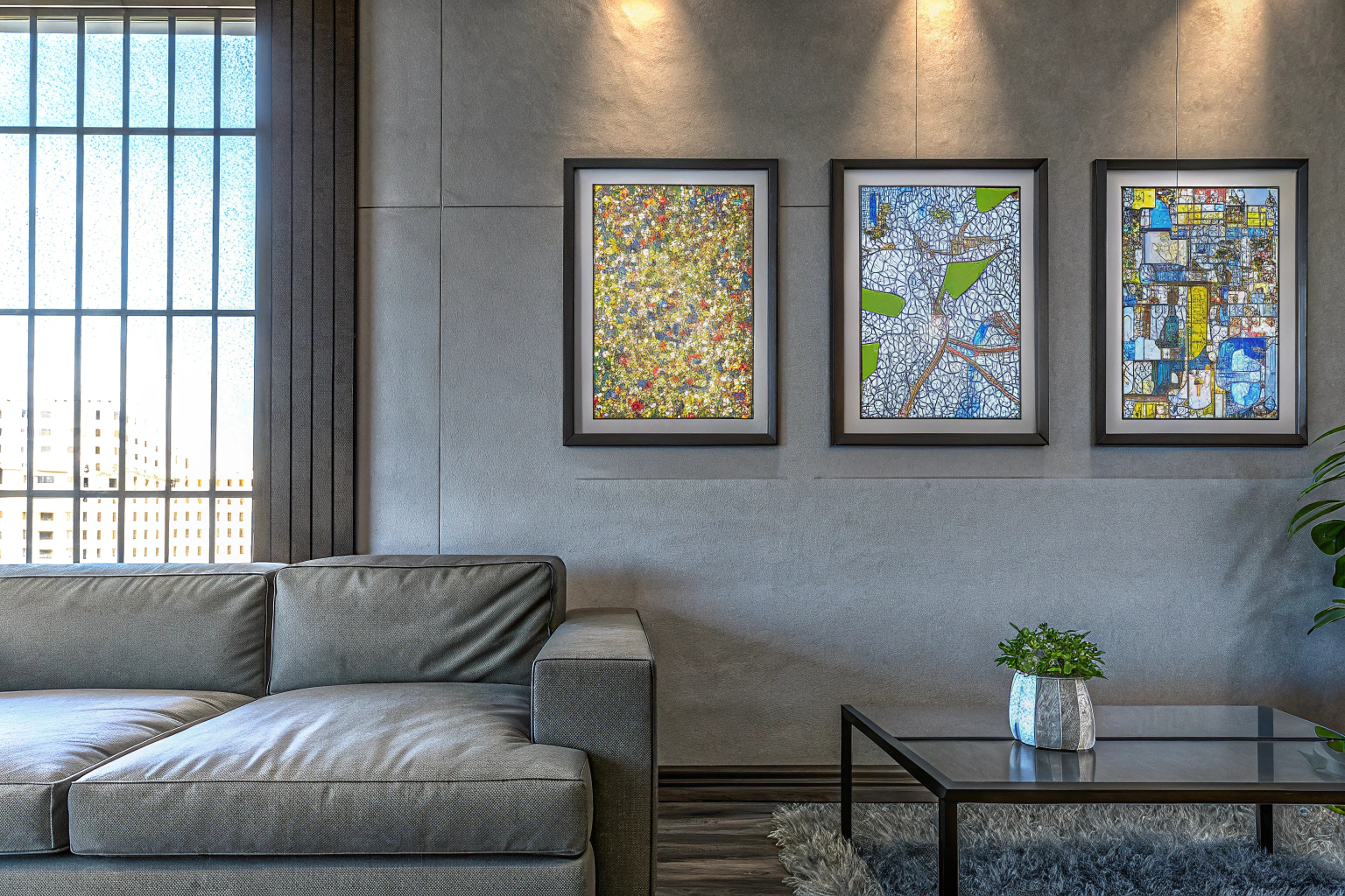 Ein modernes Wohnzimmer mit mehreren LEGO Art Wandbildern, die als Galerie-Wand arrangiert sind. LEGO Art Galerie-Wand