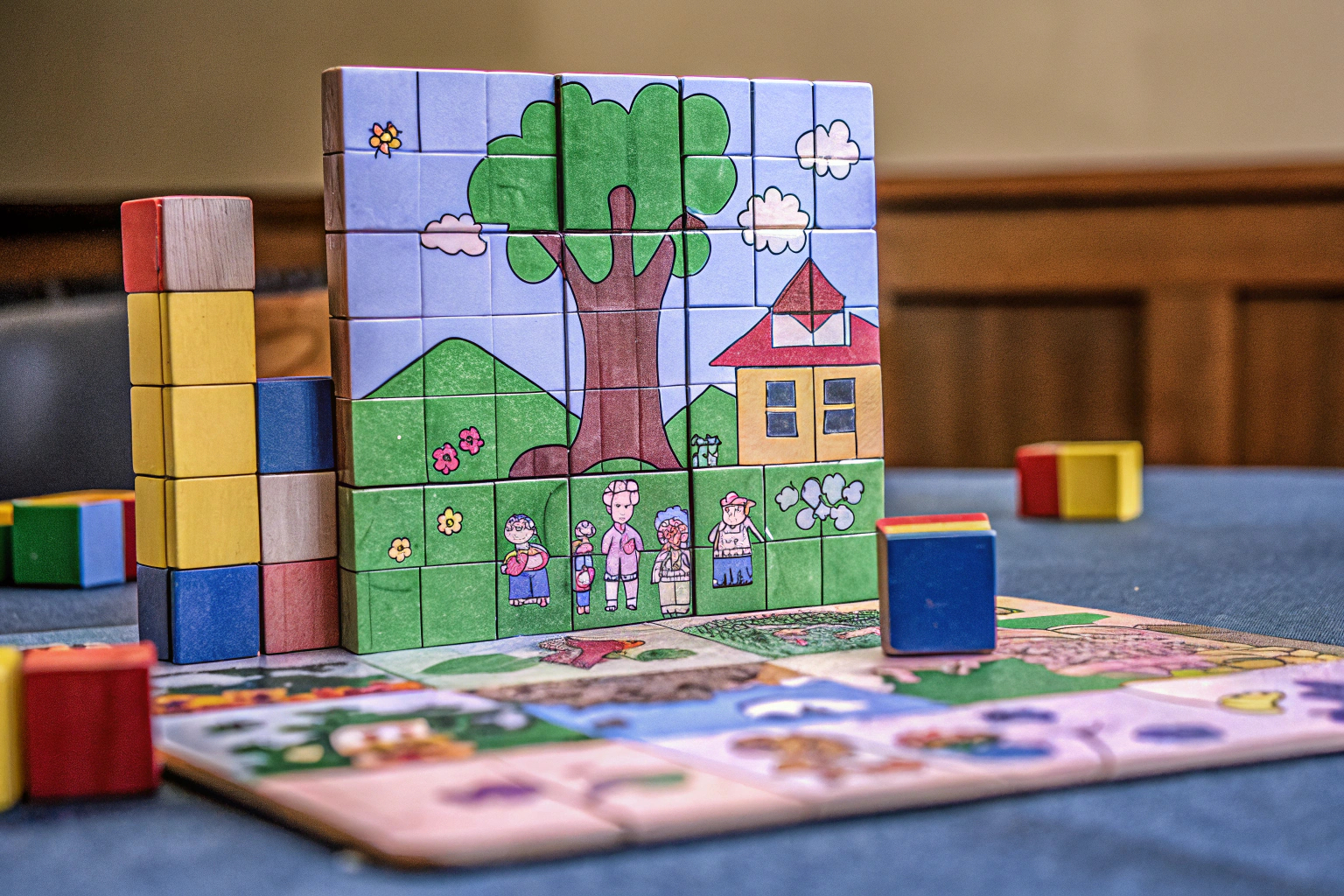 Ein personalisiertes VEELU Bausteine-Puzzle, das als Familienprojekt zusammengesetzt wird. VEELU Personalisierte Bausteine mit Foto