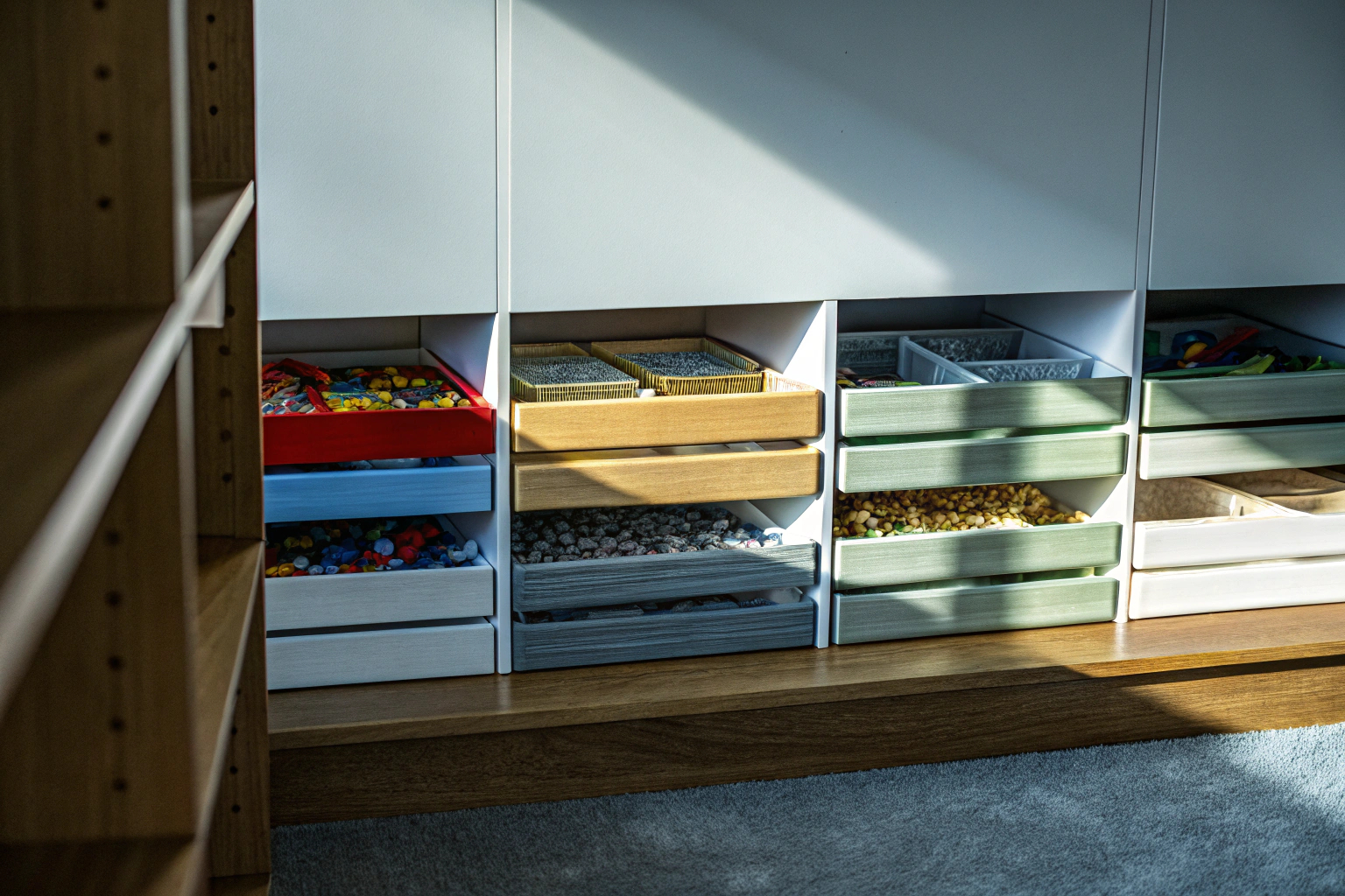 Ein Regal voll mit verschiedenen LEGO-Aufbewahrungsboxen. Verschiedene LEGO-Aufbewahrungsboxen