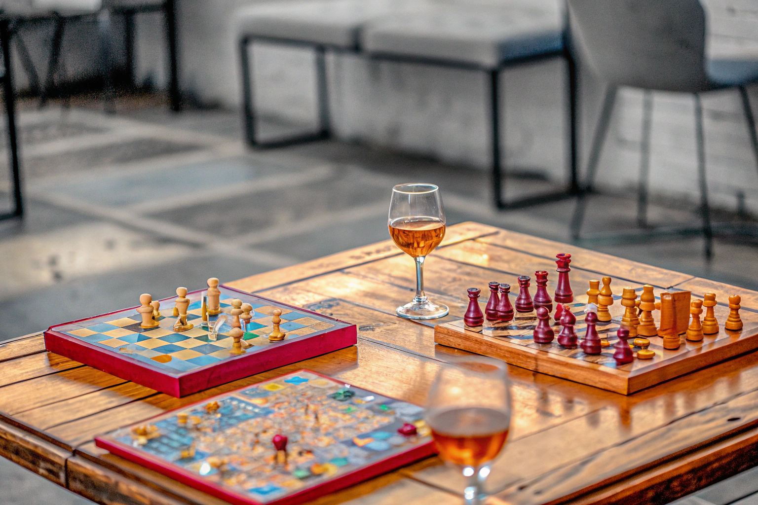 Ein spannender Spieleabend mit Freunden, verschiedene Gesellschaftsspiele auf einem Tisch verteilt. Gesellschaftsspiele für Erwachsene auf einem Tisch