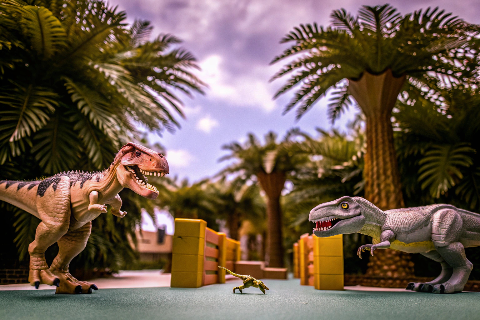 Ein spannendes Szenario aus dem LEGO Jurassic World™ Dinosaurier-Park mit ausbrechenden Dinosauriern. LEGO Jurassic World™ Dinosaurier-Park