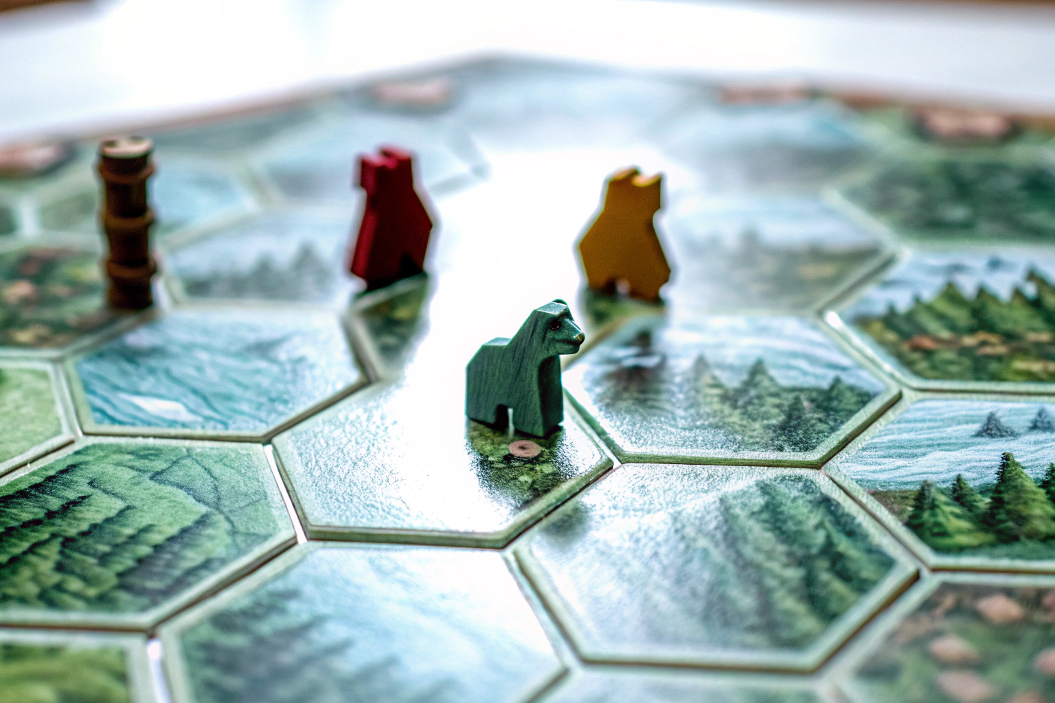 Ein Spieler, der beim Cascadia Brettspiel sein Ökosystem aufbaut und strategisch plant. Legespiel Cascadia