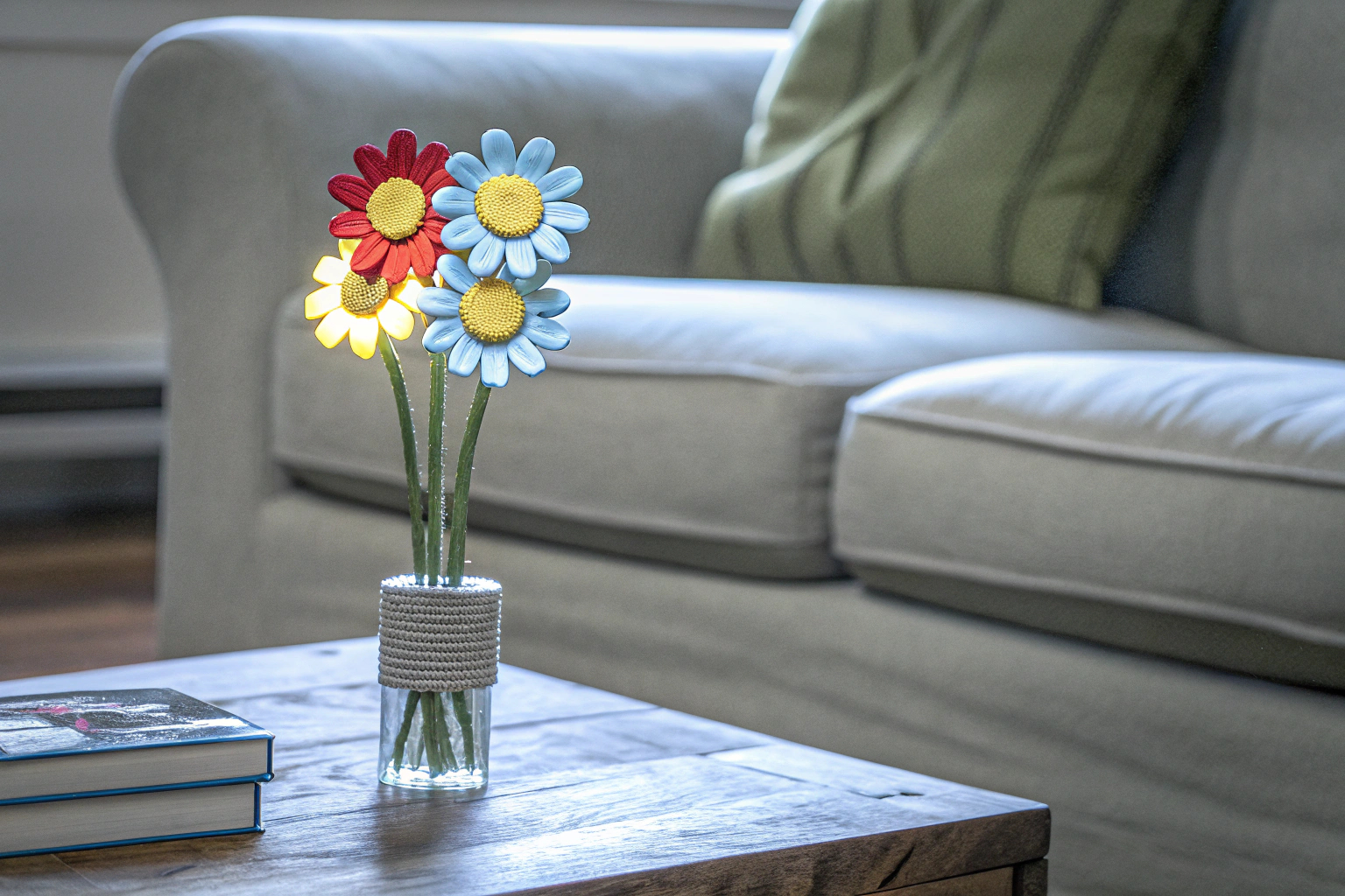 Ein stilvoller LEGO Blumenstrauß als Dekorationselement im Wohnzimmer. LEGO Botanicals Blumenstrauß