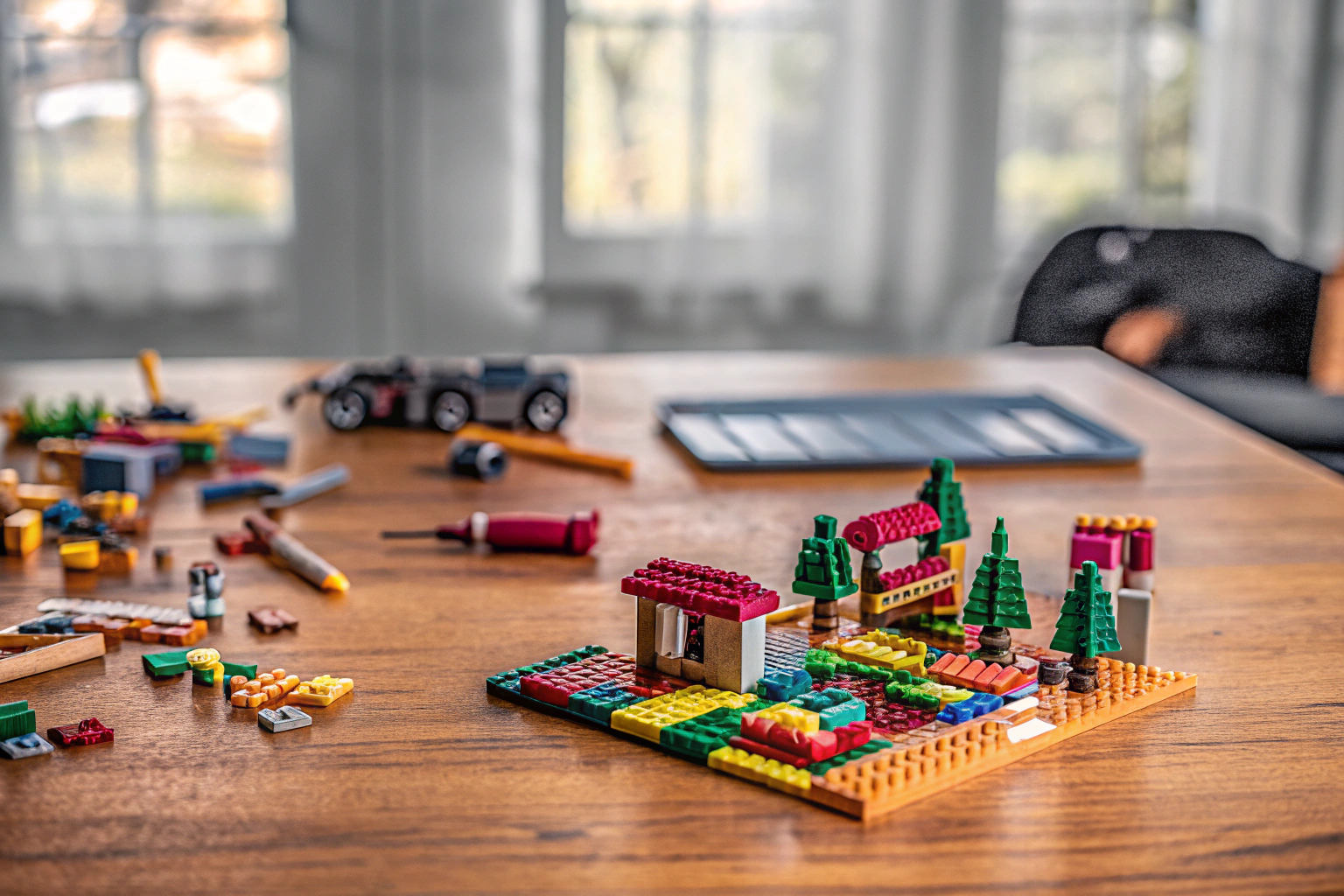 Ein Team präsentiert stolz sein mit LEGO gebautes Modell. Teamwork mit LEGO