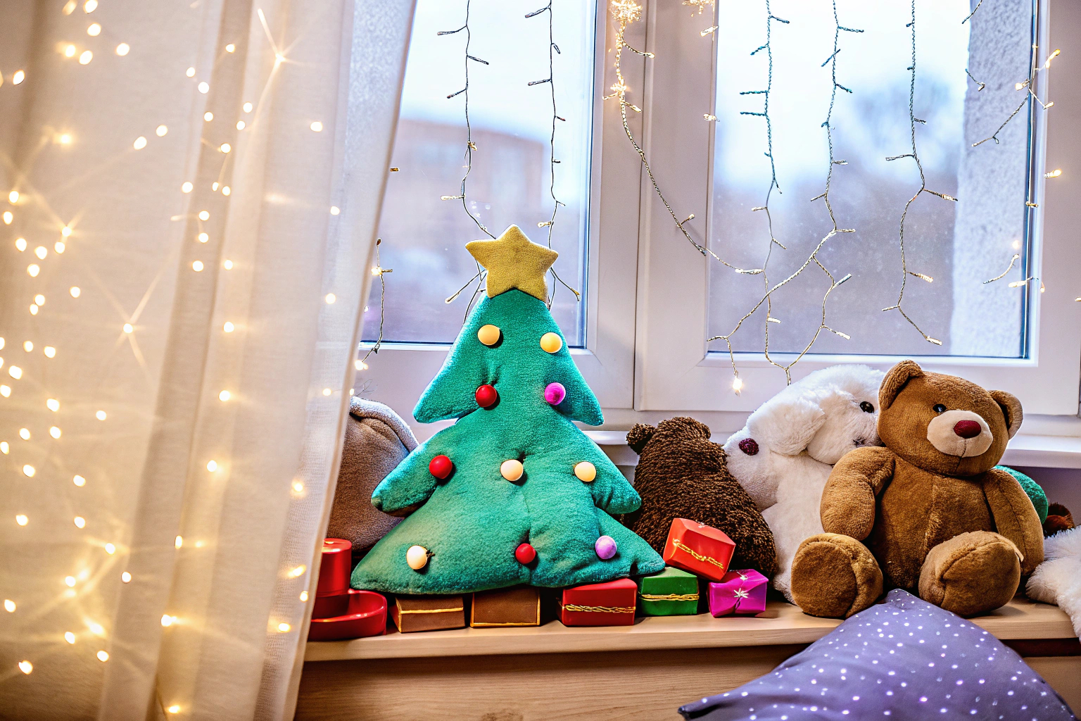 Ein weiches Kuscheltier in Form eines Weihnachtsbaumes, das in einem Kinderzimmer dekoriert ist. Weihnachtsbaum Kuscheltier im Kinderzimmer