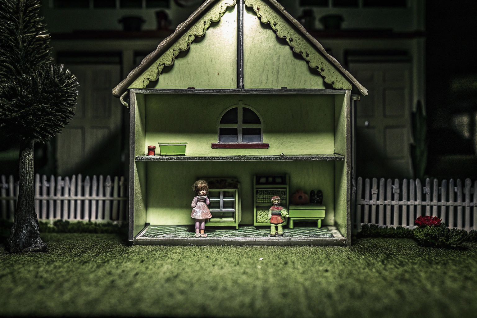 Ein wunderschön eingerichtetes Puppenhaus mit detailreichen Möbeln und Puppen, das Kinder zum Spielen einlädt. Ein liebevoll gestaltetes Puppenhaus mit Puppen und Möbeln