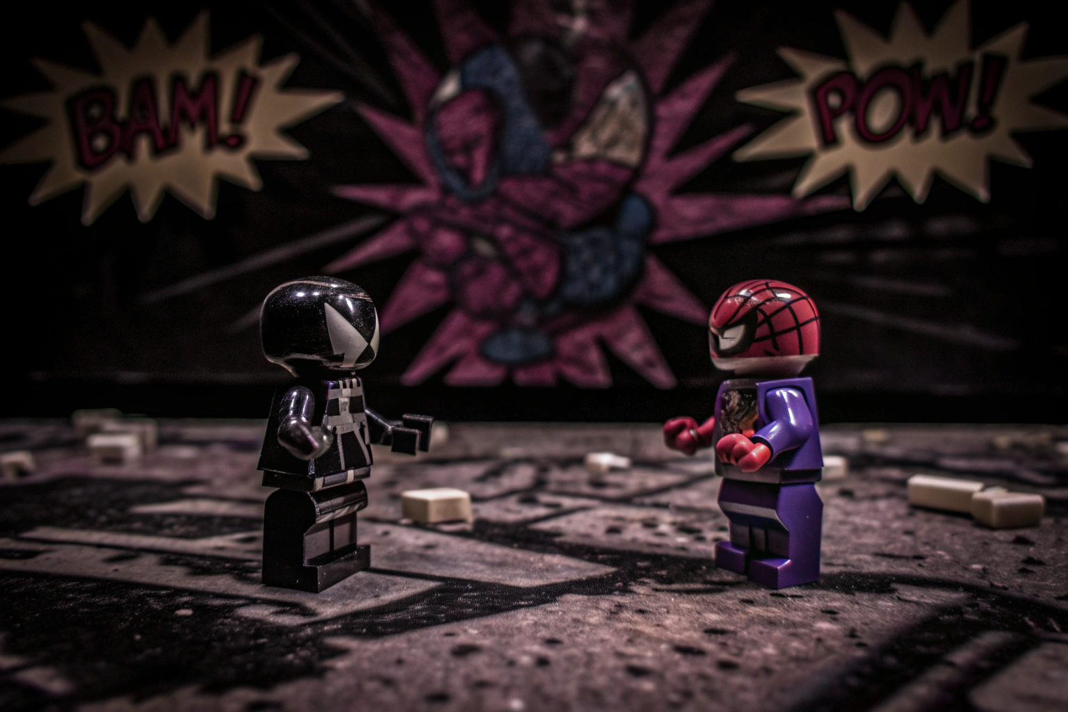 Eine actiongeladene Darstellung des LEGO Marvel Venom Mech vs. Miles Morales Sets, die die intensiven Kämpfe der Superhelden zeigt. LEGO Venom Mech vs. Miles Morales in Aktion
