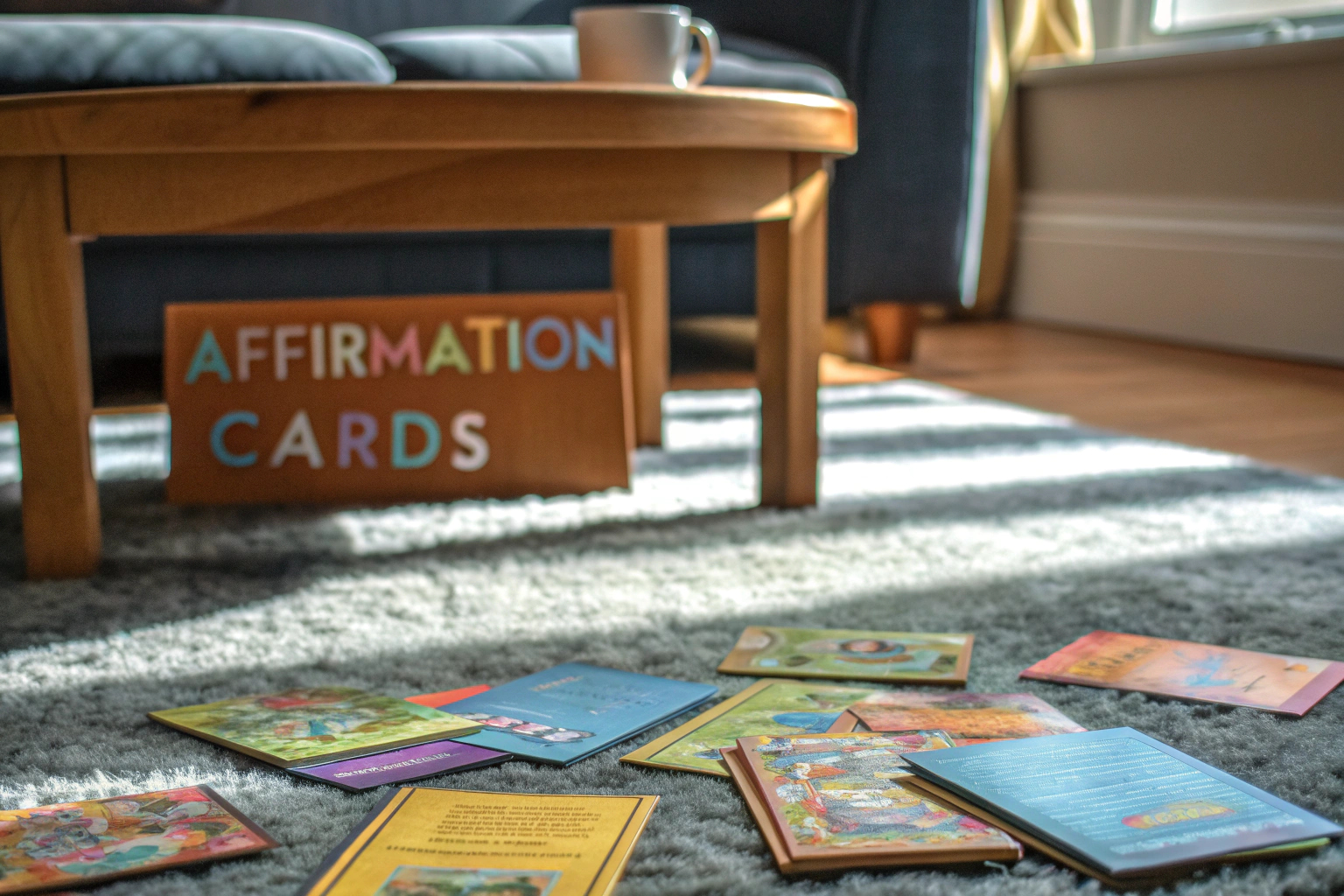 Eine Familie, die gemeinsam Affirmationskarten liest und darüber spricht. Familie liest Affirmationskarten