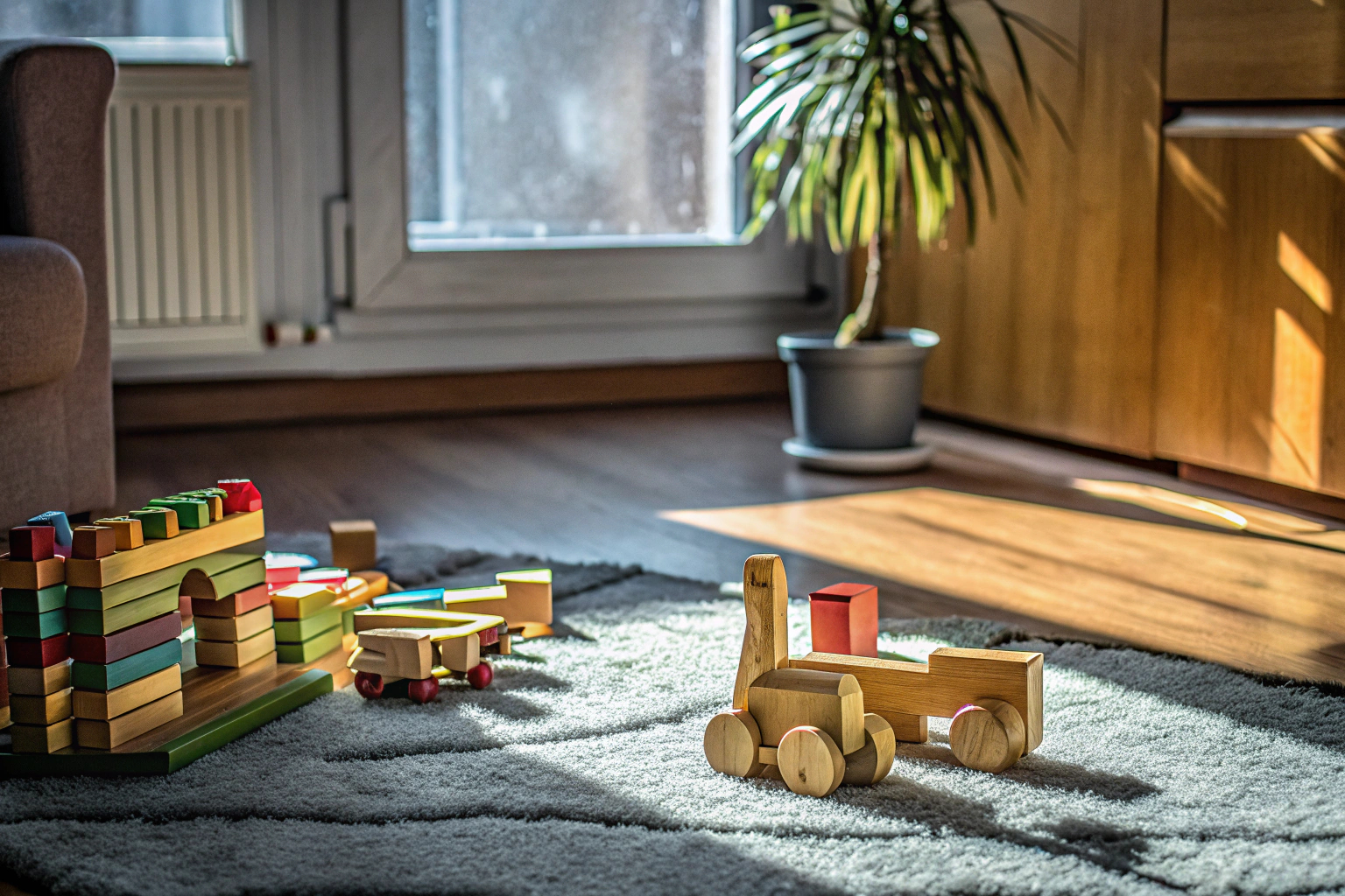 Eine Familie, die mit nachhaltigem Holzspielzeug spielt. Familie mit Holzspielzeug