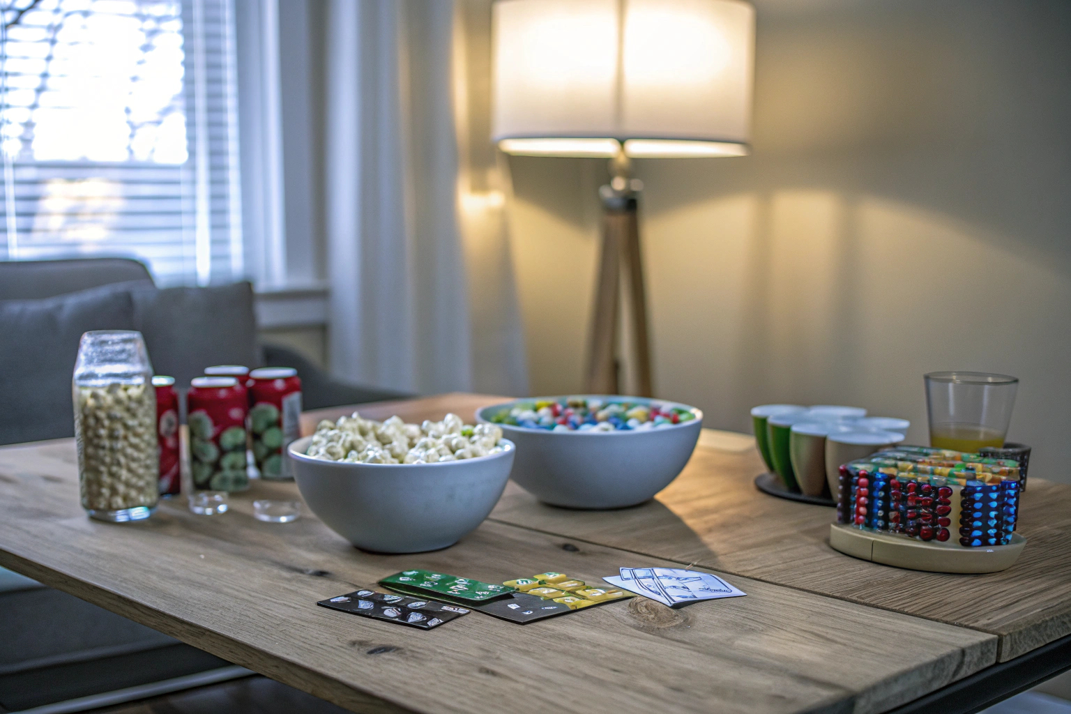 Eine Familie spielt ein Brettspiel auf dem Tisch, umgeben von Snacks und Getränken. Familie spielt Brettspiel