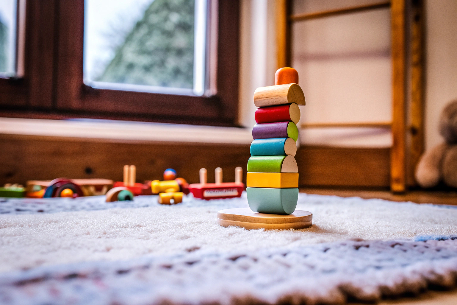 Eine Familie spielt gemeinsam den Relaxdays Holz Wackelturm. Familie spielt Holz Wackelturm