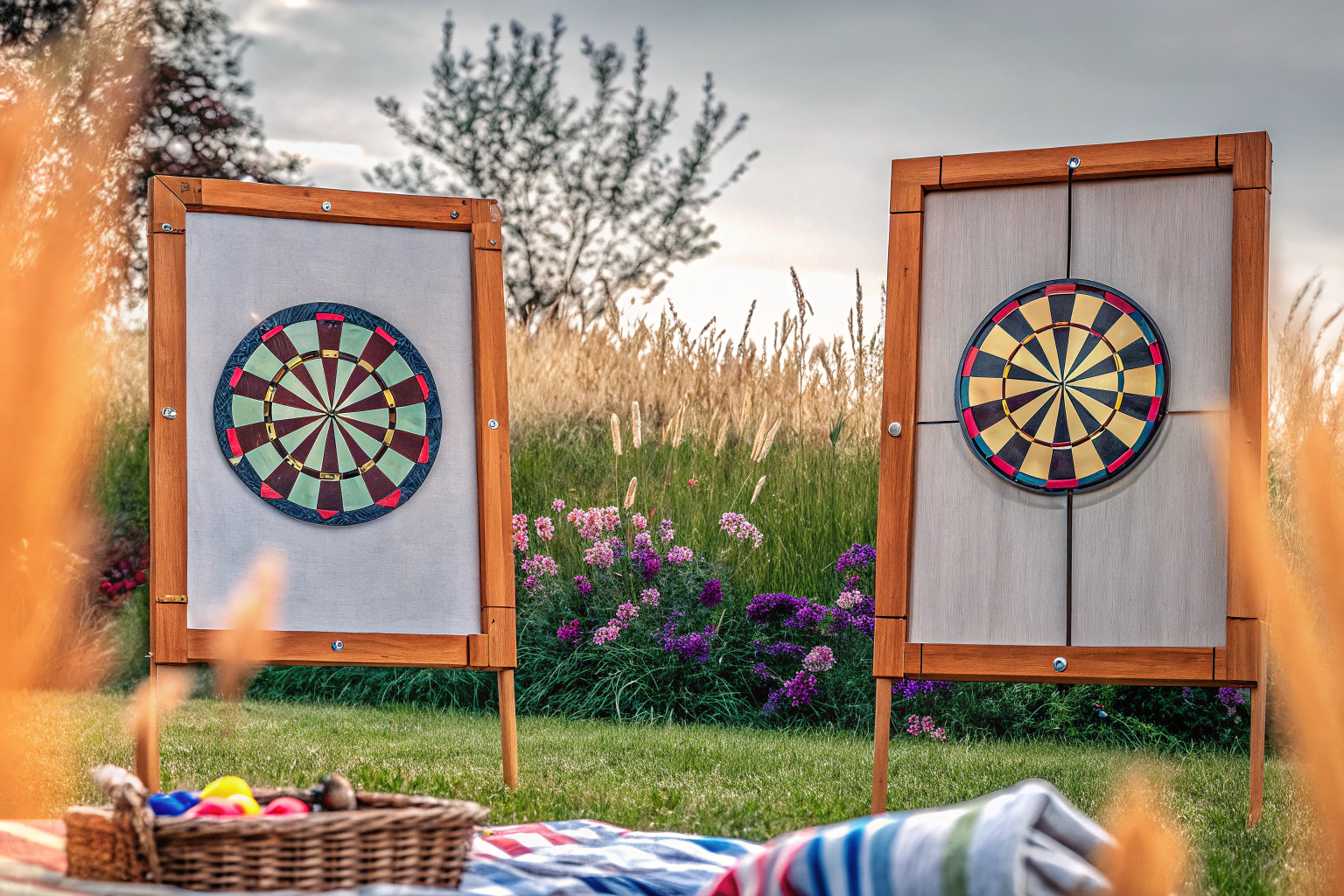 Eine Familie spielt mit der Doppelseitigen Dartscheibe im Garten. Der Einsatz von strategischem Denken und Geschicklichkeit ist gefragt. Familie spielt mit der Dartscheibe