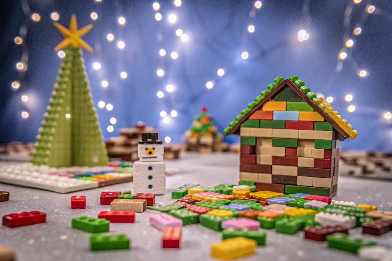 Eine Gruppe von Kindern, die gemeinsam an einem Baukasten arbeiten und dabei Weihnachtsmodelle erstellen. Kinder beim Bauen von Weihnachtsmodellen