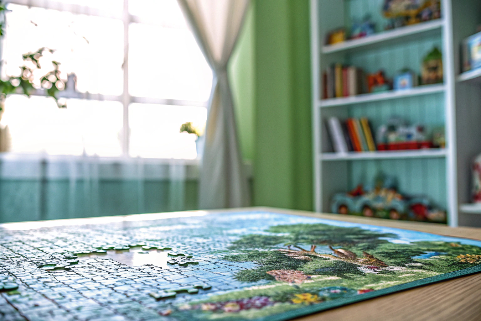 Eine Gruppe von Kindern, die gemeinsam an einem großen Puzzle arbeiten und dabei lachen. Kinder arbeiten gemeinsam an einem Puzzle