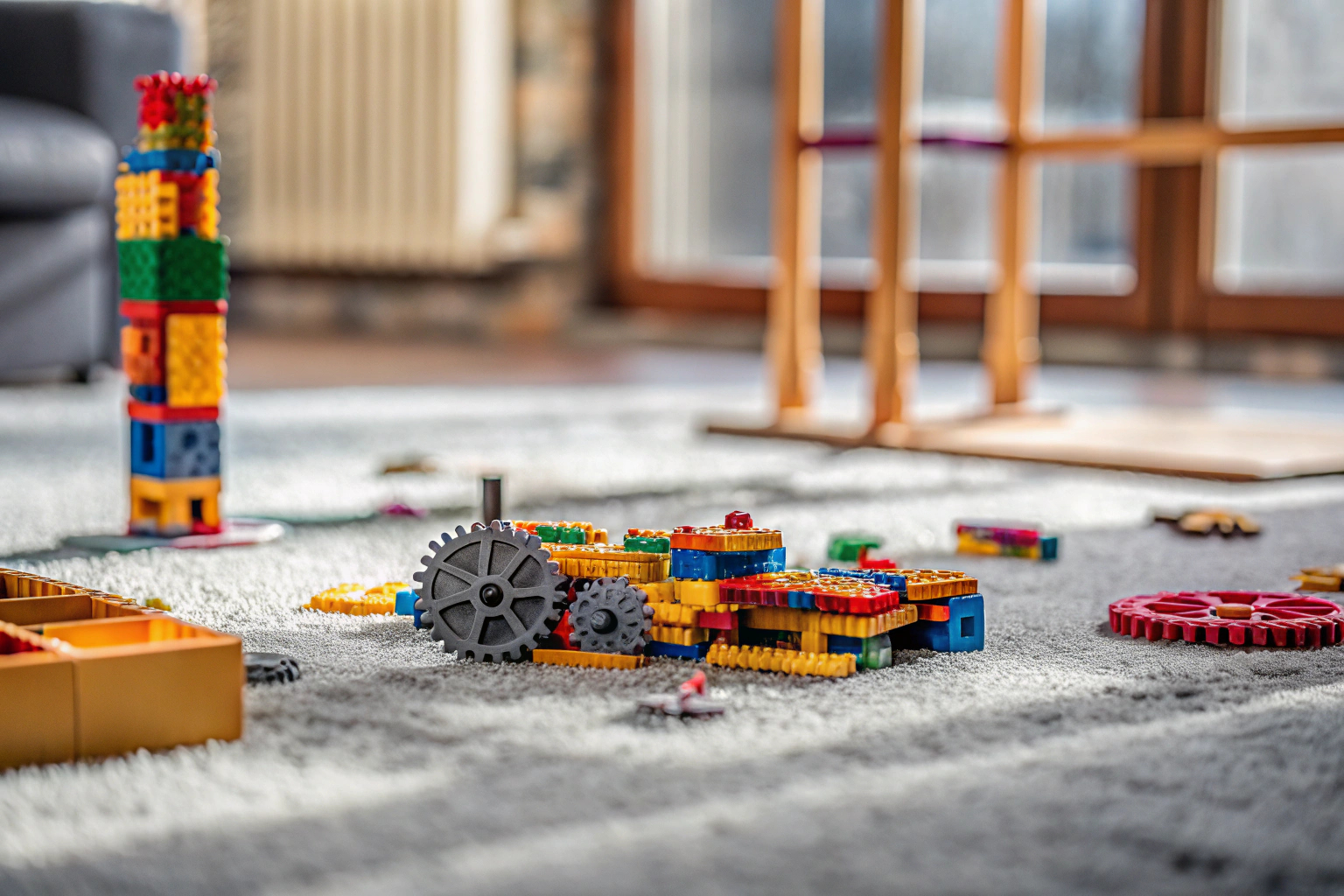 Eine Gruppe von Kindern, die mit einem Bausteinspielzeug ein Modell zusammenbauen, das ihre technischen Fähigkeiten fördert. Technologie-Spielzeug für junge Ingenieure