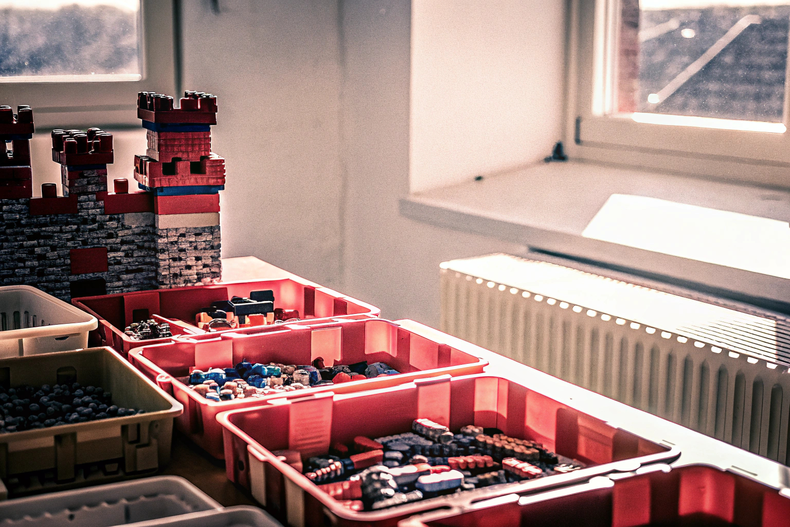 Eine Gruppe von Kindern, die mit Lego-Steinen spielen und bauen. Kinder bauen mit Lego