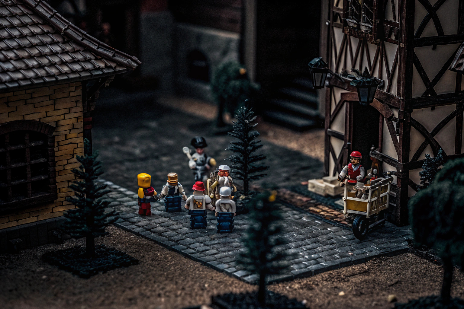 Eine Gruppe von LEGO Blauröcke Minifiguren in einem historischen Diorama. LEGO Blauröcke Minifiguren