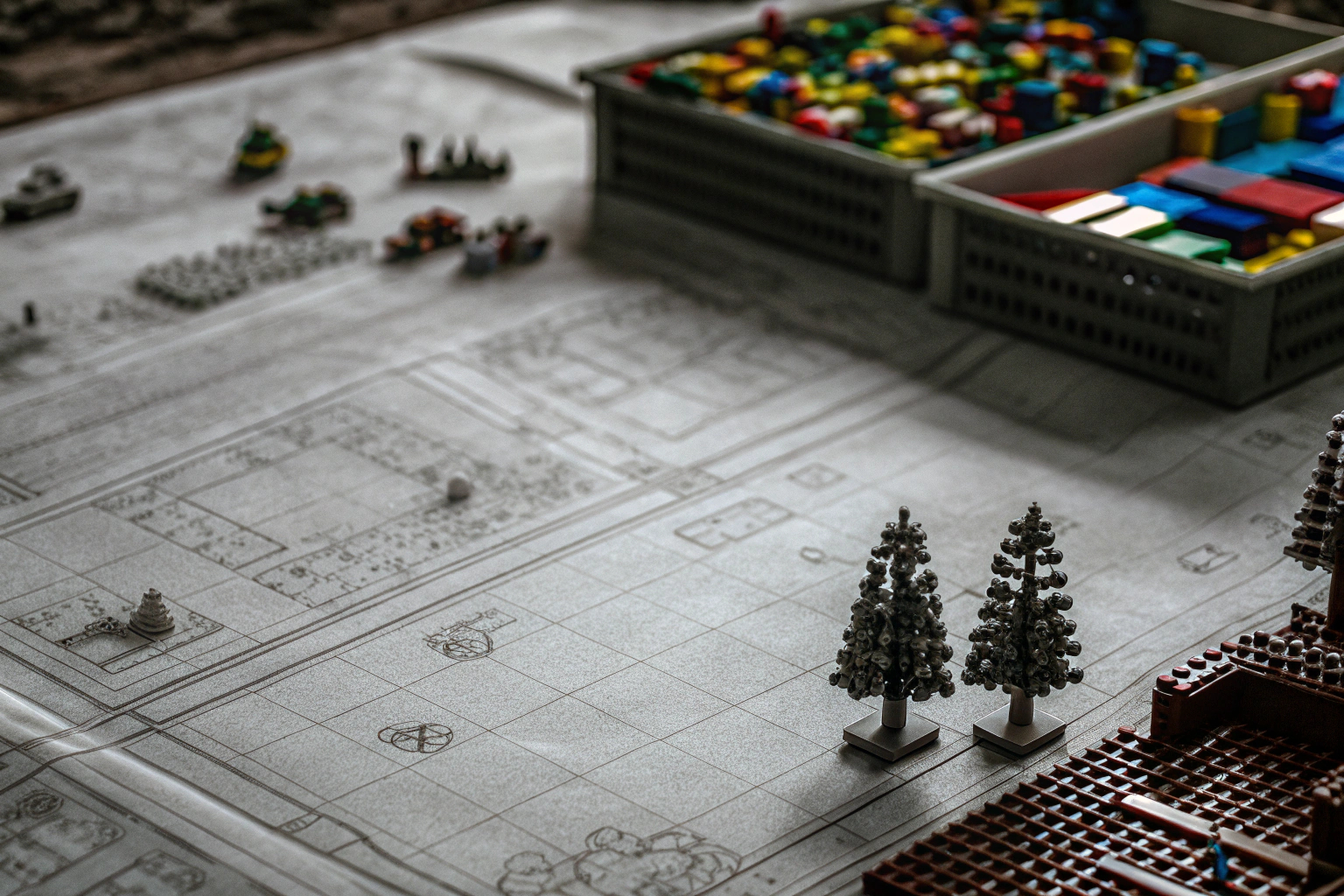 Eine Gruppe von Personen unterschiedlichen Alters, die gemeinsam an einem großen LEGO-Projekt arbeiten. Gemeinsames LEGO-Bauen