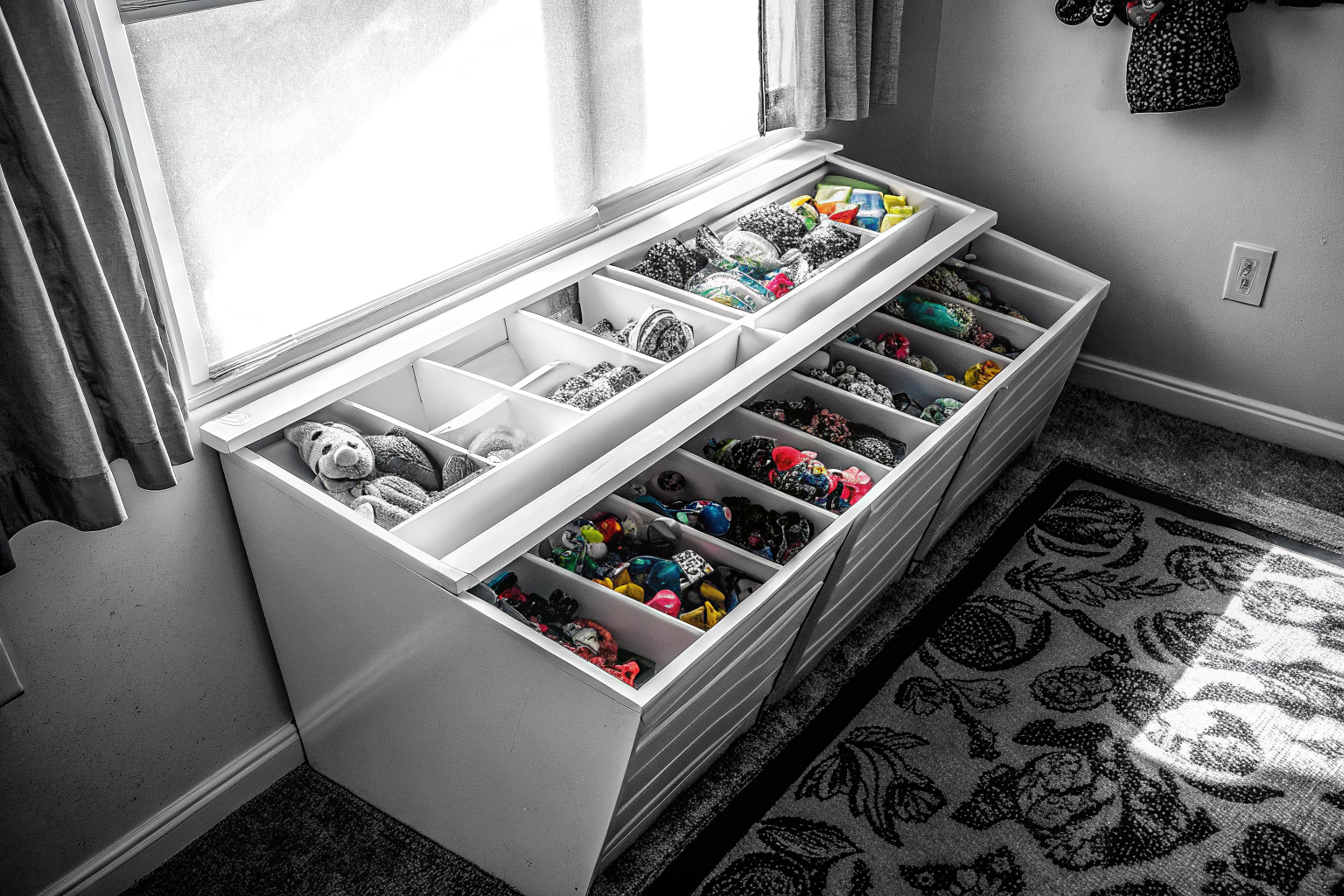 Eine gut organisierte Aufbewahrungsbox mit verschiedenen Spielzeugen im Kinderzimmer. Organisierte Aufbewahrungsbox für Spielzeug