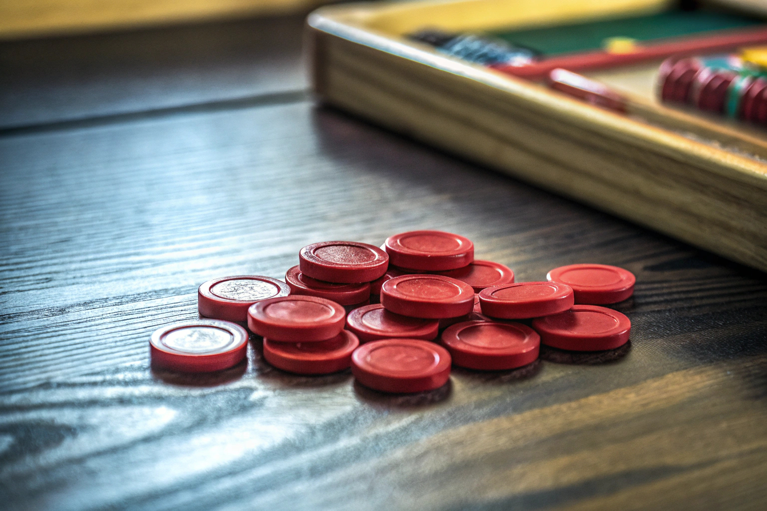 Eine Handvoll roter Spielchips, ideal zum Erlernen von Rechenoperationen. WISSNER Spielchips