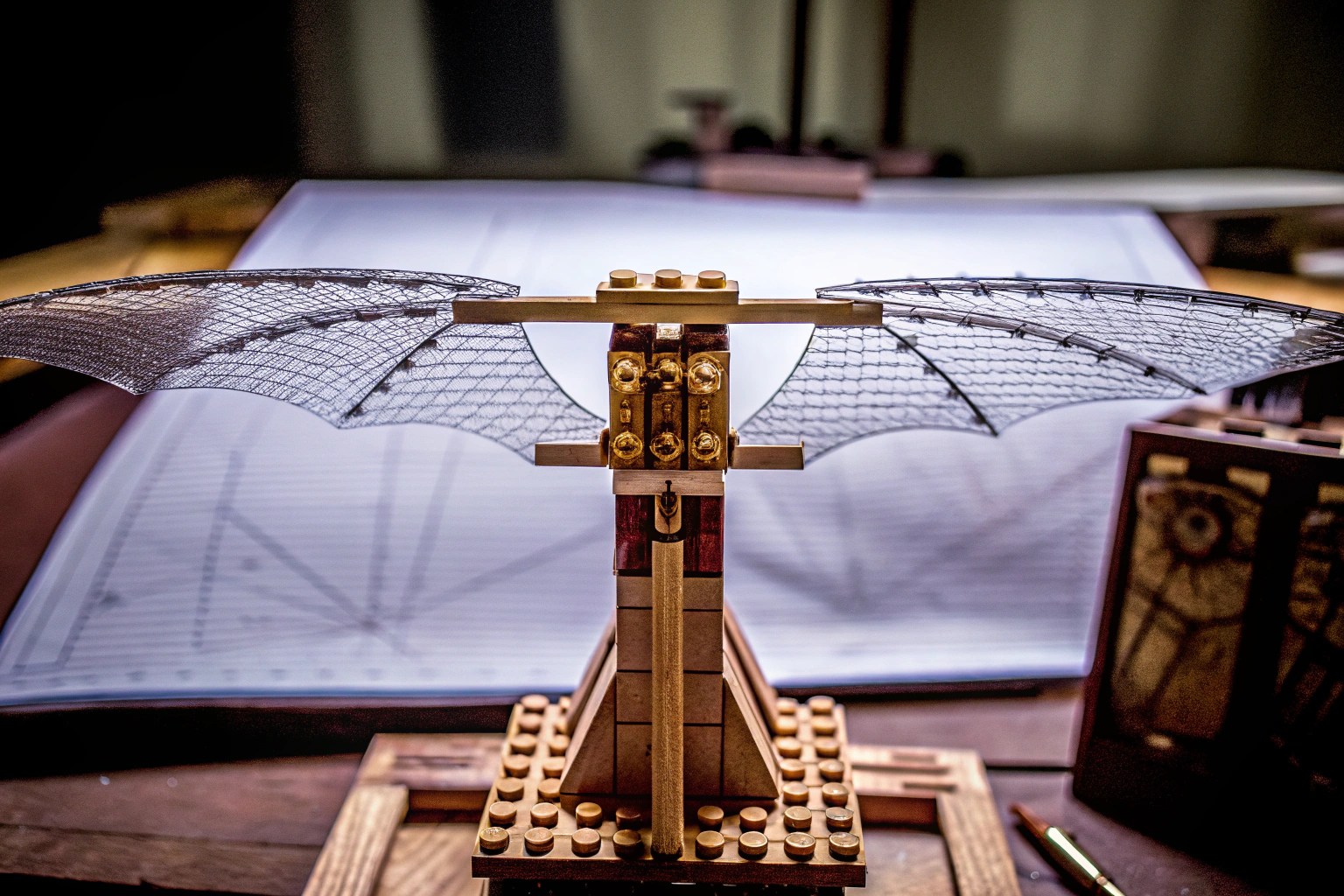 Eine historische Darstellung des LEGO Icons Leonardo da Vincis Fluggeräts, das die innovative Konstruktion zeigt. LEGO Icons Leonardo da Vincis Fluggerät