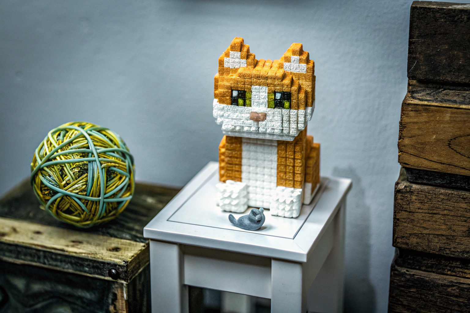 Eine LEGO Katze, die mit ihrem Zubehör, einschließlich eines Garnknäuels und einer Spielzeugmaus, ausgestellt wird. LEGO Katze mit Zubehör