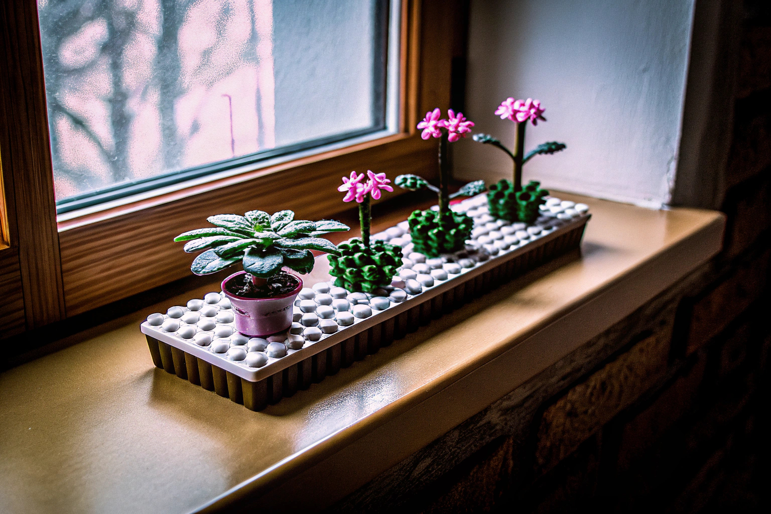 Eine Sammlung von LEGO Botanicals Mini Pflanzen, die als Zimmerdeko dienen. Perfekt für Pflanzenliebhaber. LEGO Botanicals Mini Pflanzen