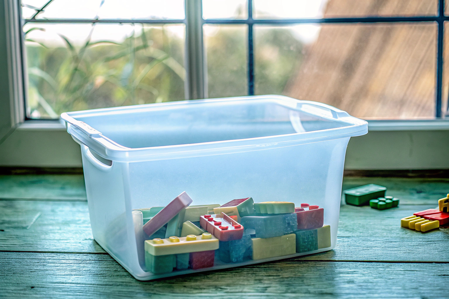 Eine Sammlung von LEGO-Steinen in einem durchsichtigen Aufbewahrungsbehälter. LEGO-Steine in einer Aufbewahrungsbox