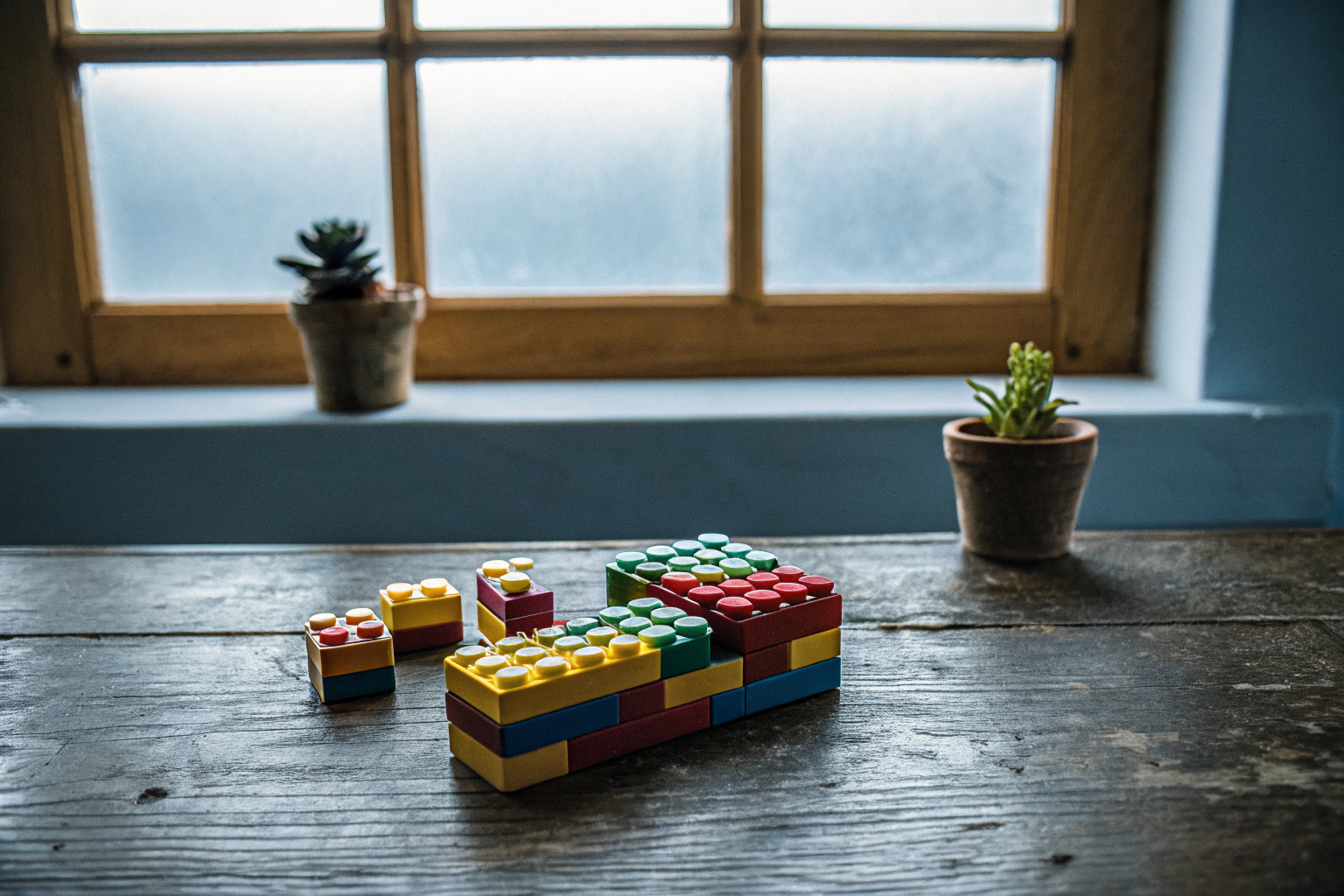 Eine Sammlung von LEGO-Steinen in verschiedenen Farben, die auf einem Tisch ausgebreitet sind. Verschiedene LEGO-Steine auf einem Tisch