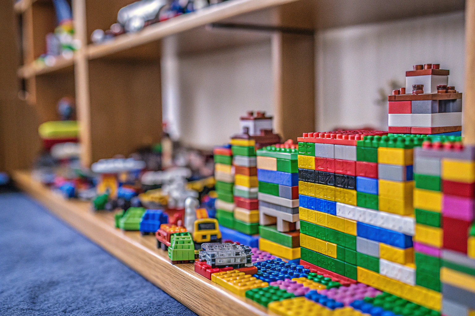 Eine umfangreiche LEGO-Sammlung mit verschiedenen Sets und Steinen, aufgebaut in einem Regal. LEGO Sammlung im Regal