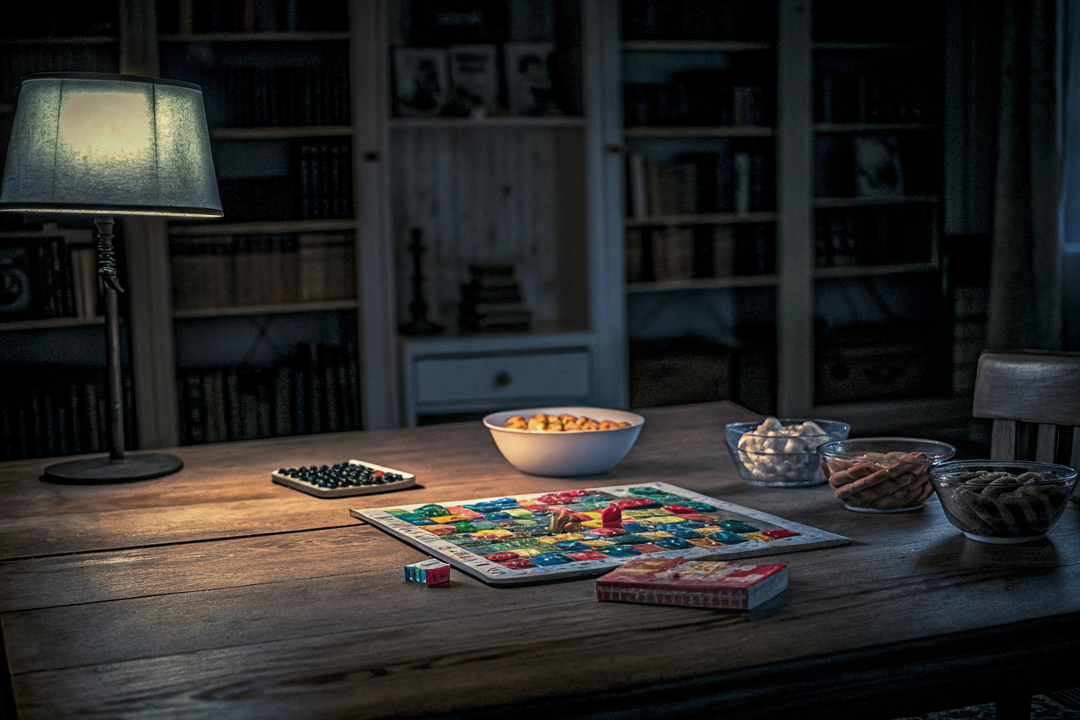 Familie, die zusammen an einem Tisch ein Brettspiel spielt und lacht. Familie spielt Brettspiel