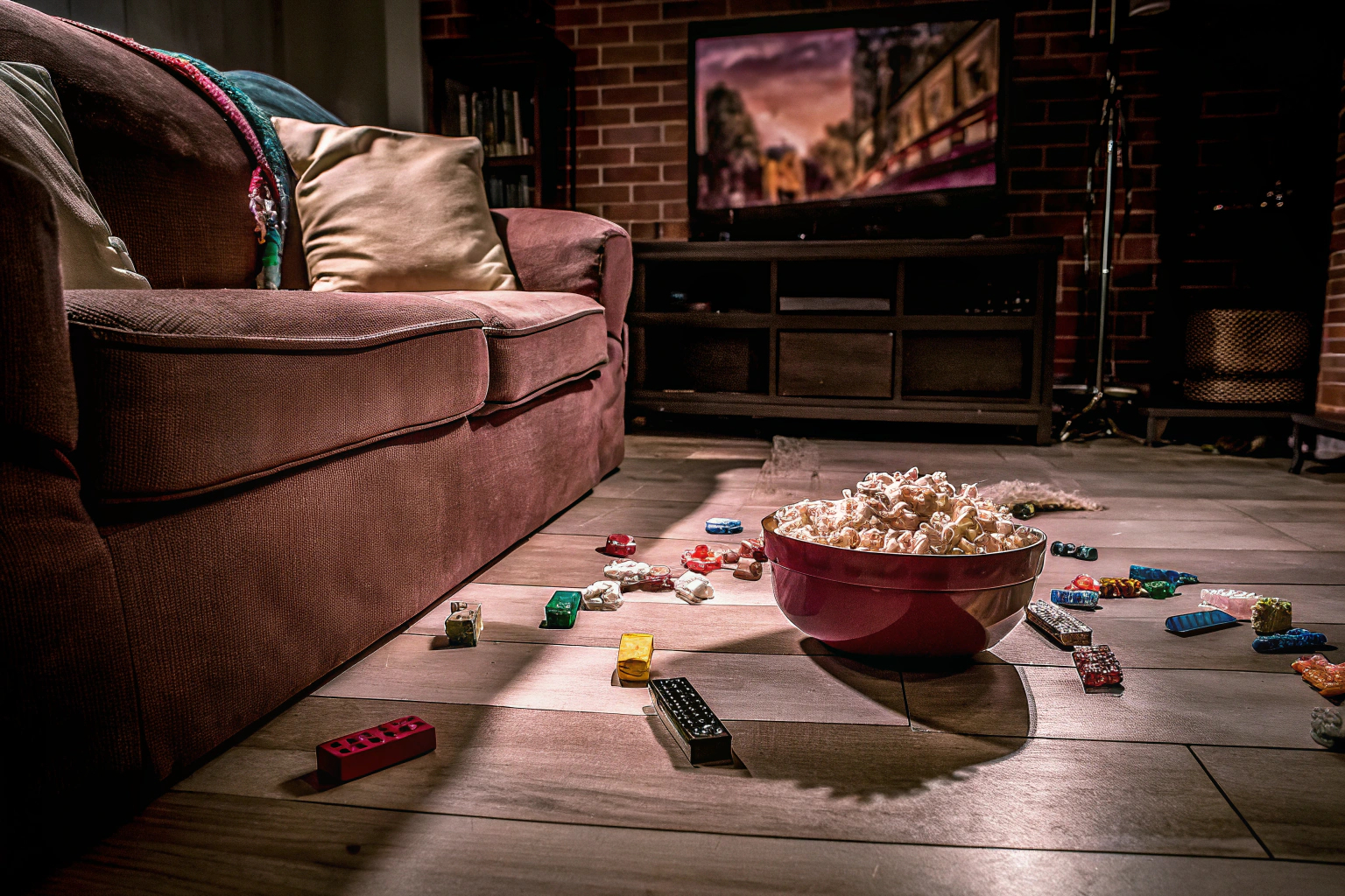 Familienabend mit gemeinsamen Lego-Film schauen Familie schaut gemeinsam einen Lego-Film