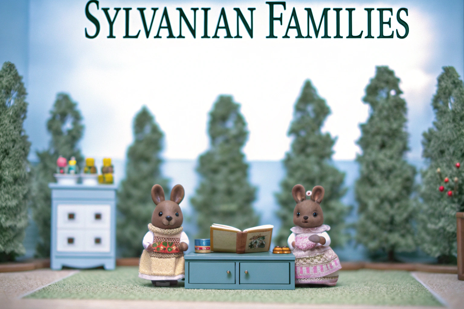 Figuren der Schokoladenhasenfamilie von Sylvanian Families in einem fantasievollen Spielset. Schokoladenhasenfamilie von Sylvanian Families