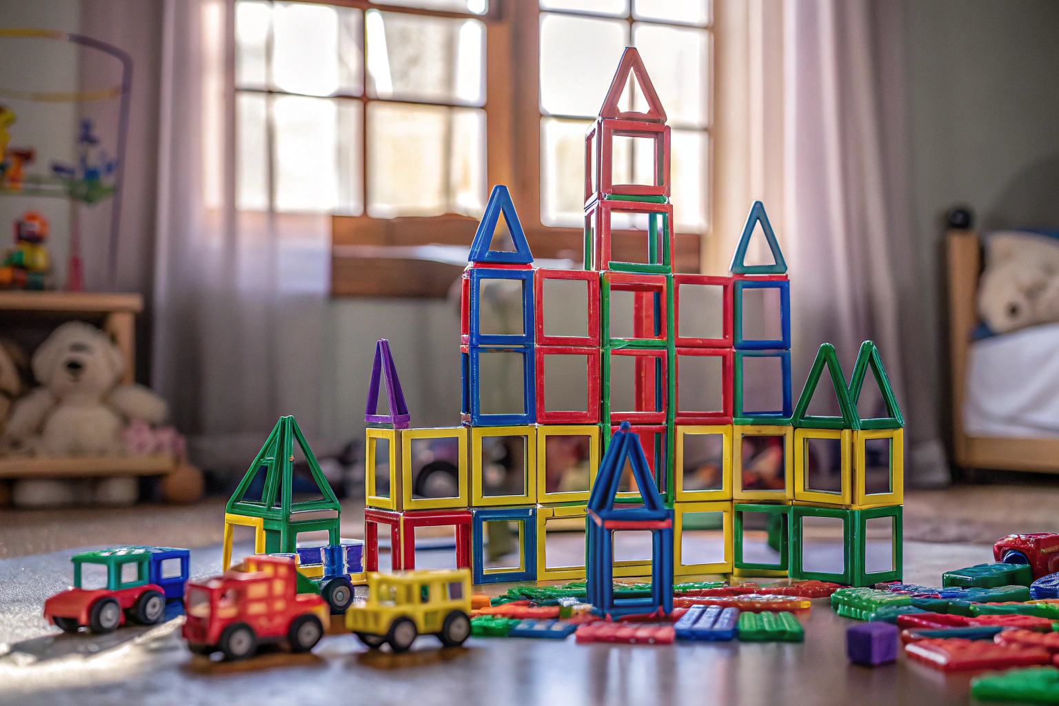 Kinder bauen eine kleine Stadt mit magnetischen Bausteinen. Stadtbau mit magnetischen Bausteinen