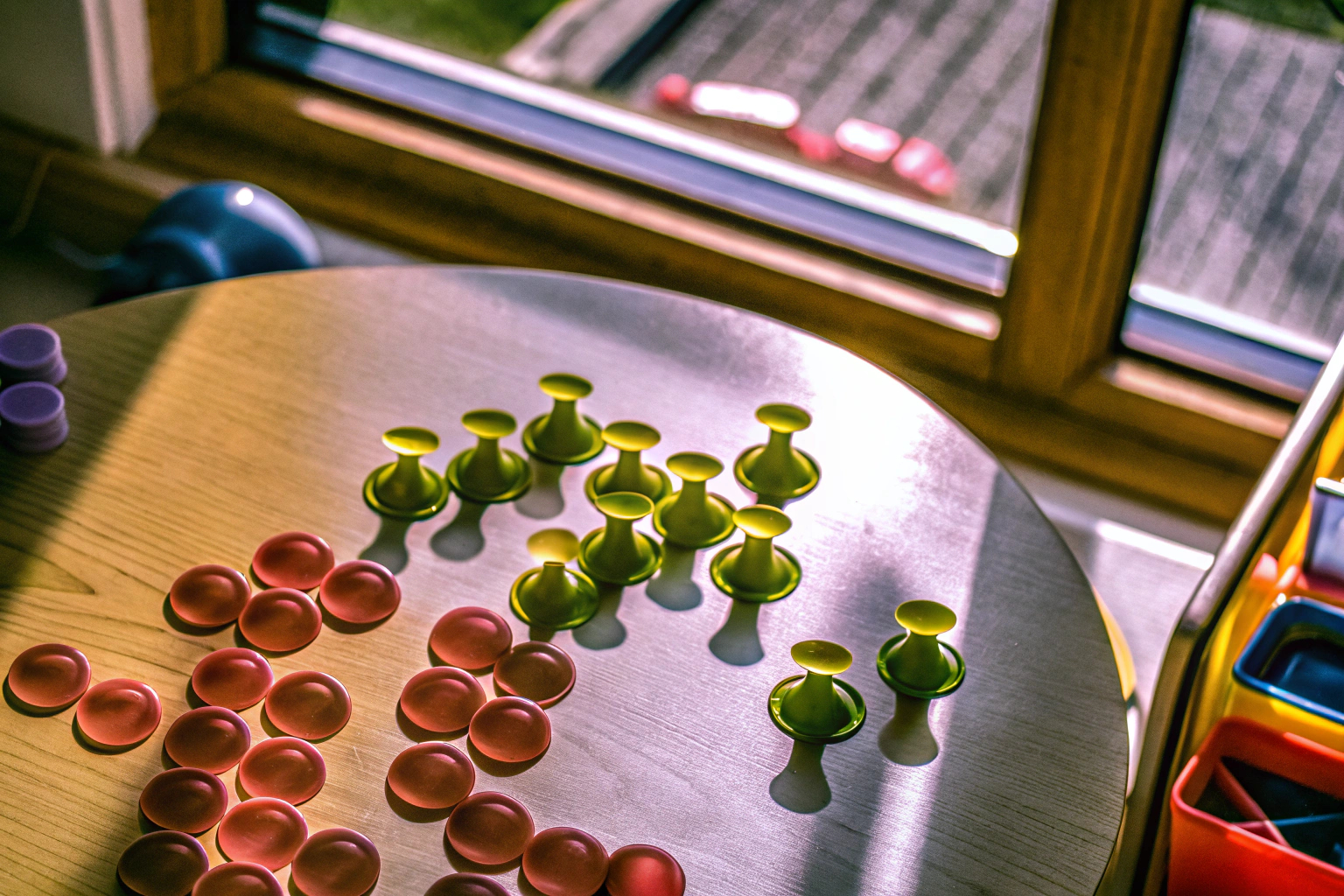 Kinder bauen kreative Strukturen mit bunten Saugnäpfen auf einem glatten Tisch. Kinder spielen mit Saugnapf-Spielzeug