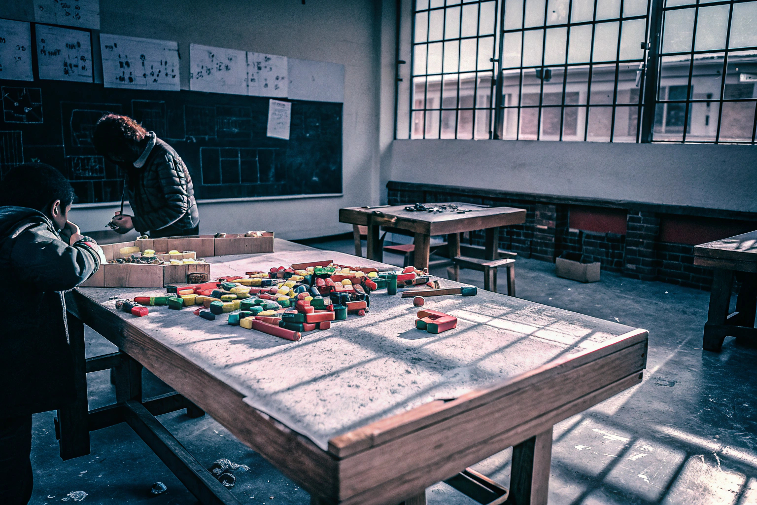 Kinder beim Spielen und Bauen mit LEGO im Klassenzimmer, während sie gemeinsam an einem Projekt arbeiten. Kinder spielen mit LEGO im Klassenzimmer