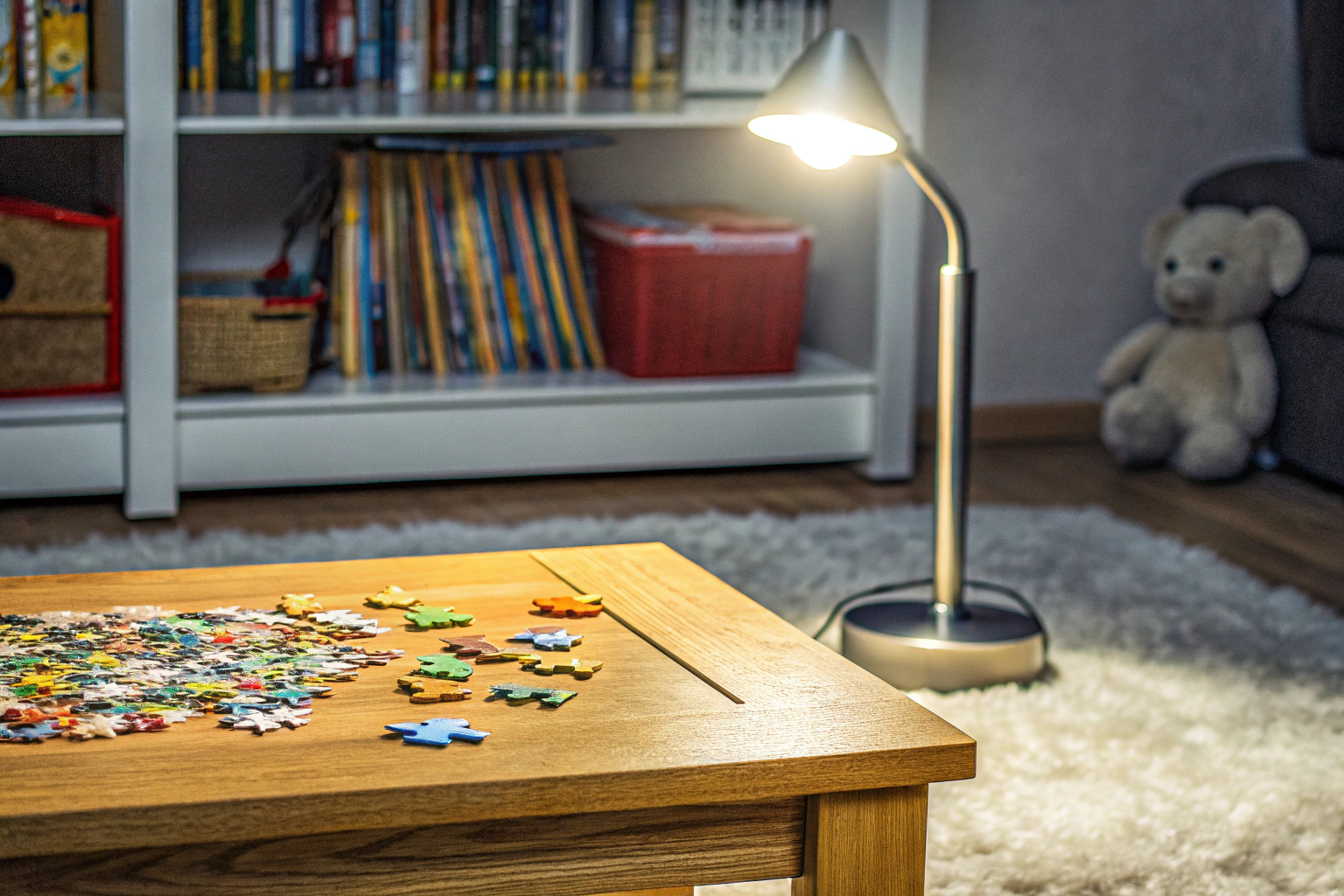 Kinder, die an einem Tisch an einem Puzzle arbeiten. Kinder beim Puzzle-Lösen