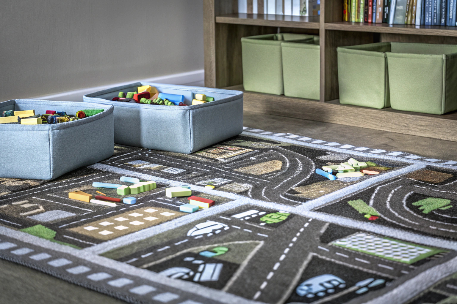 Kinder, die auf einer Spielmatte mit LEGO-Steinen spielen. Kinder spielen mit LEGO auf einer Matte