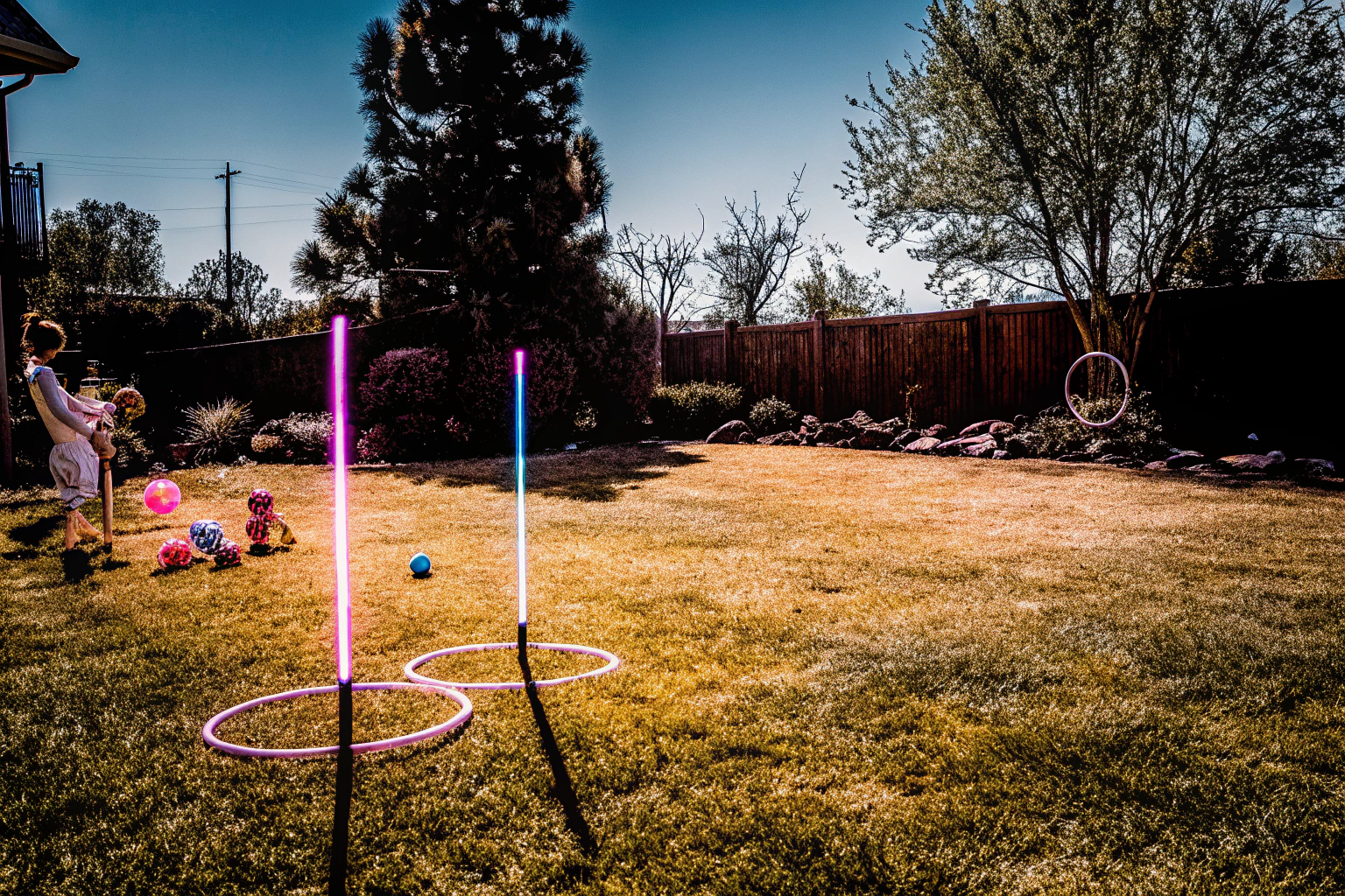 Kinder, die das VATOS Light Up Wurfspiel im Garten spielen Kinder spielen Wurfspiel im Freien