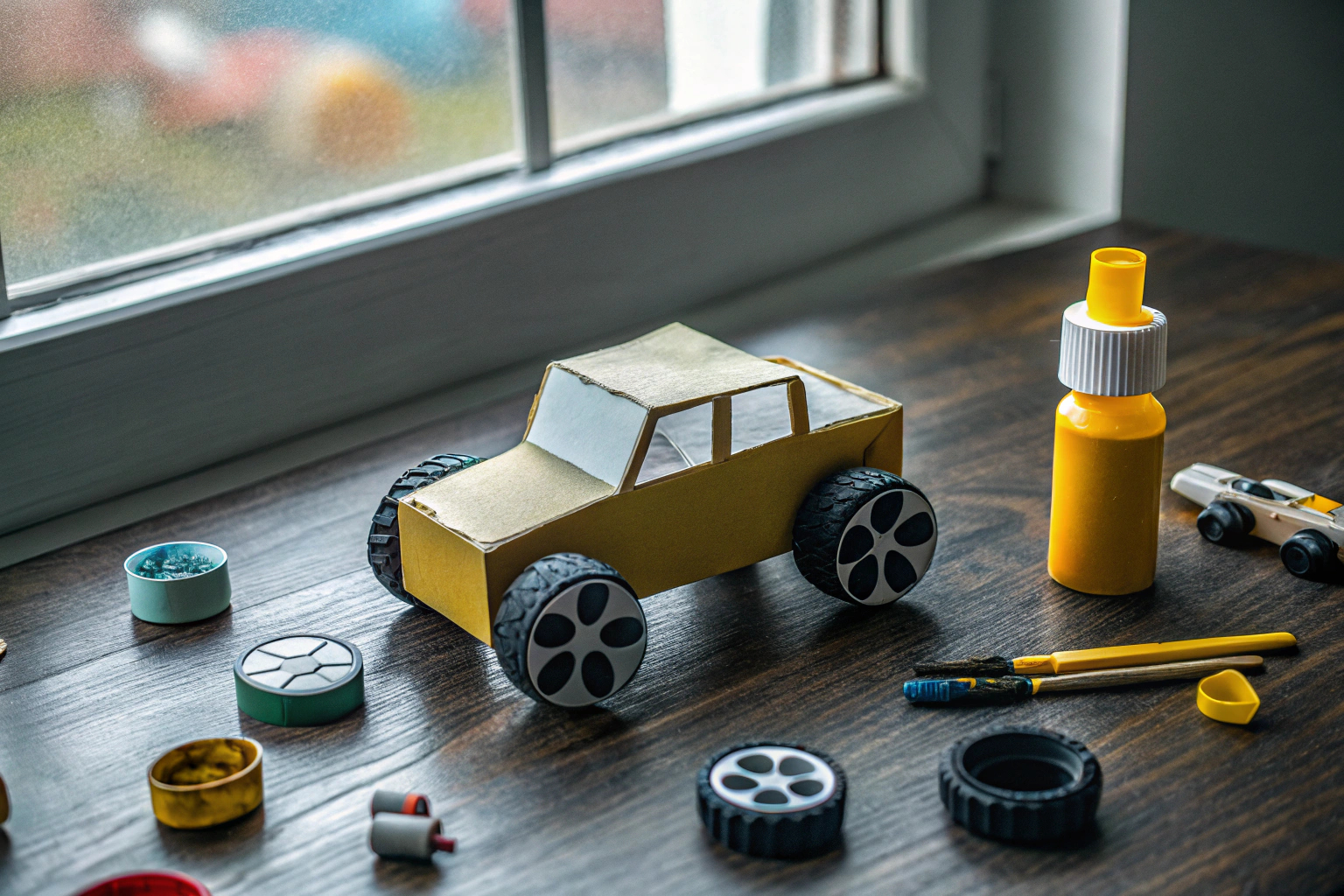 Kinder, die ein DIY Auto-Spielzeug zusammenbauen und dabei lachen Kinder bauen ein DIY Auto-Spielzeug